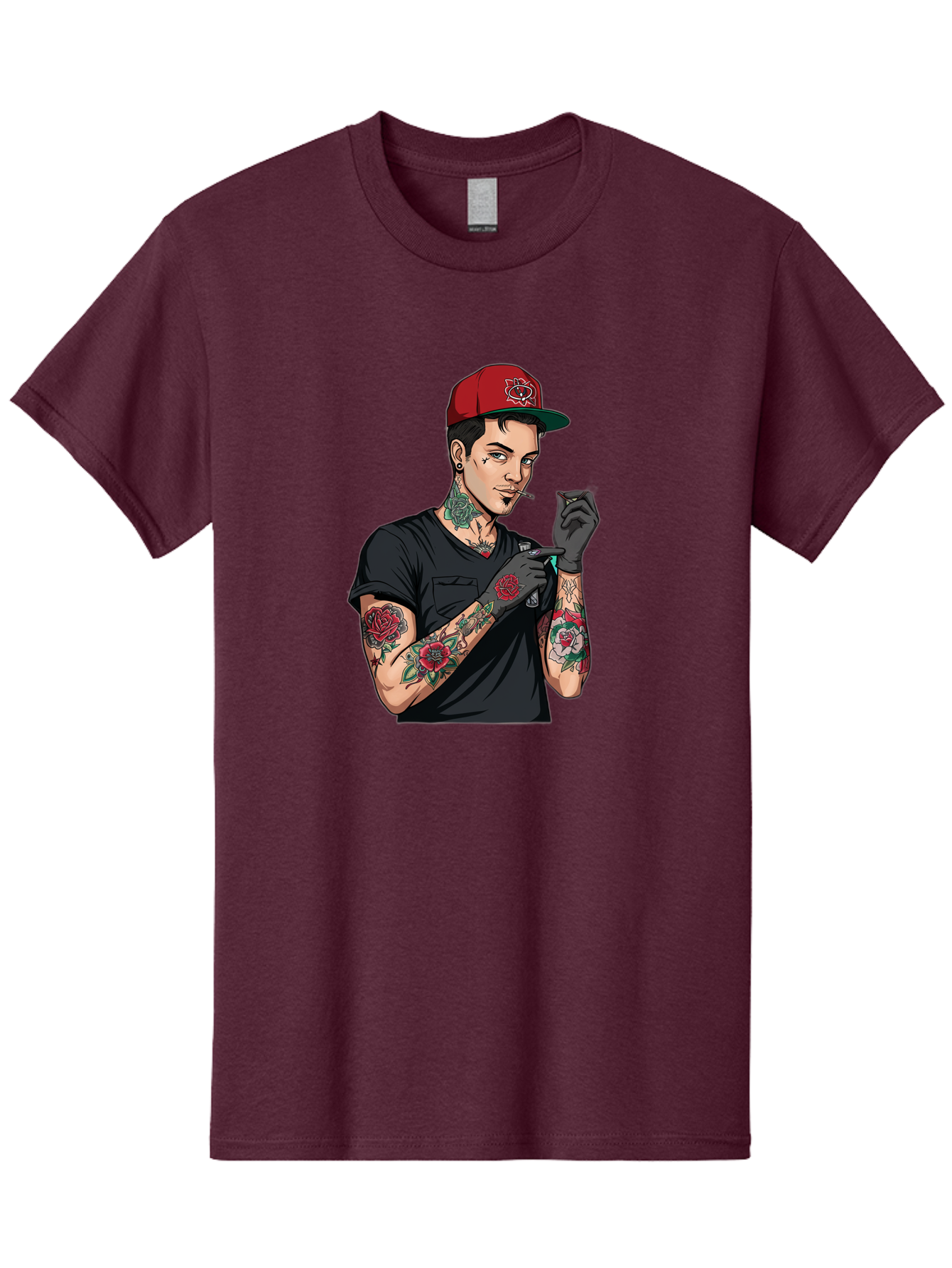 Tattooed-Man-1 Men'S Graphic Tee, 100% Cotton, Comfortable Casual Summer Wear, Machine Washable, Tattooed Man, Rose Tattoos, Red Baseball Cap, Black Gloves, Smoking Cigarette, Cartoon Style, Edgy Fashion, Bold Graphics, Streetwear, Modern Art Bad829 5