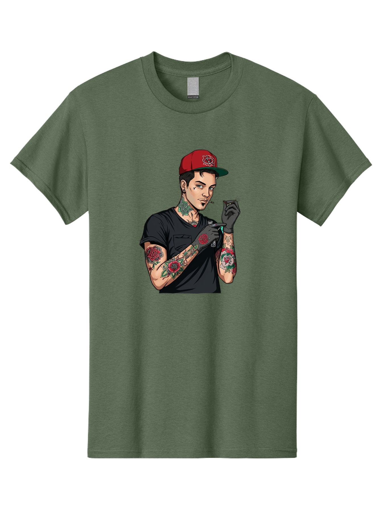 Tattooed-Man-1 Men'S Graphic Tee, 100% Cotton, Comfortable Casual Summer Wear, Machine Washable, Tattooed Man, Rose Tattoos, Red Baseball Cap, Black Gloves, Smoking Cigarette, Cartoon Style, Edgy Fashion, Bold Graphics, Streetwear, Modern Art Bad829 6