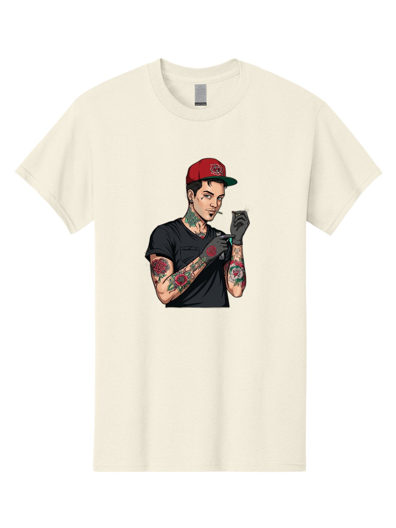 Tattooed-Man-1 Men'S Graphic Tee, 100% Cotton, Comfortable Casual Summer Wear, Machine Washable, Tattooed Man, Rose Tattoos, Red Baseball Cap, Black Gloves, Smoking Cigarette, Cartoon Style, Edgy Fashion, Bold Graphics, Streetwear, Modern Art Bad829 8