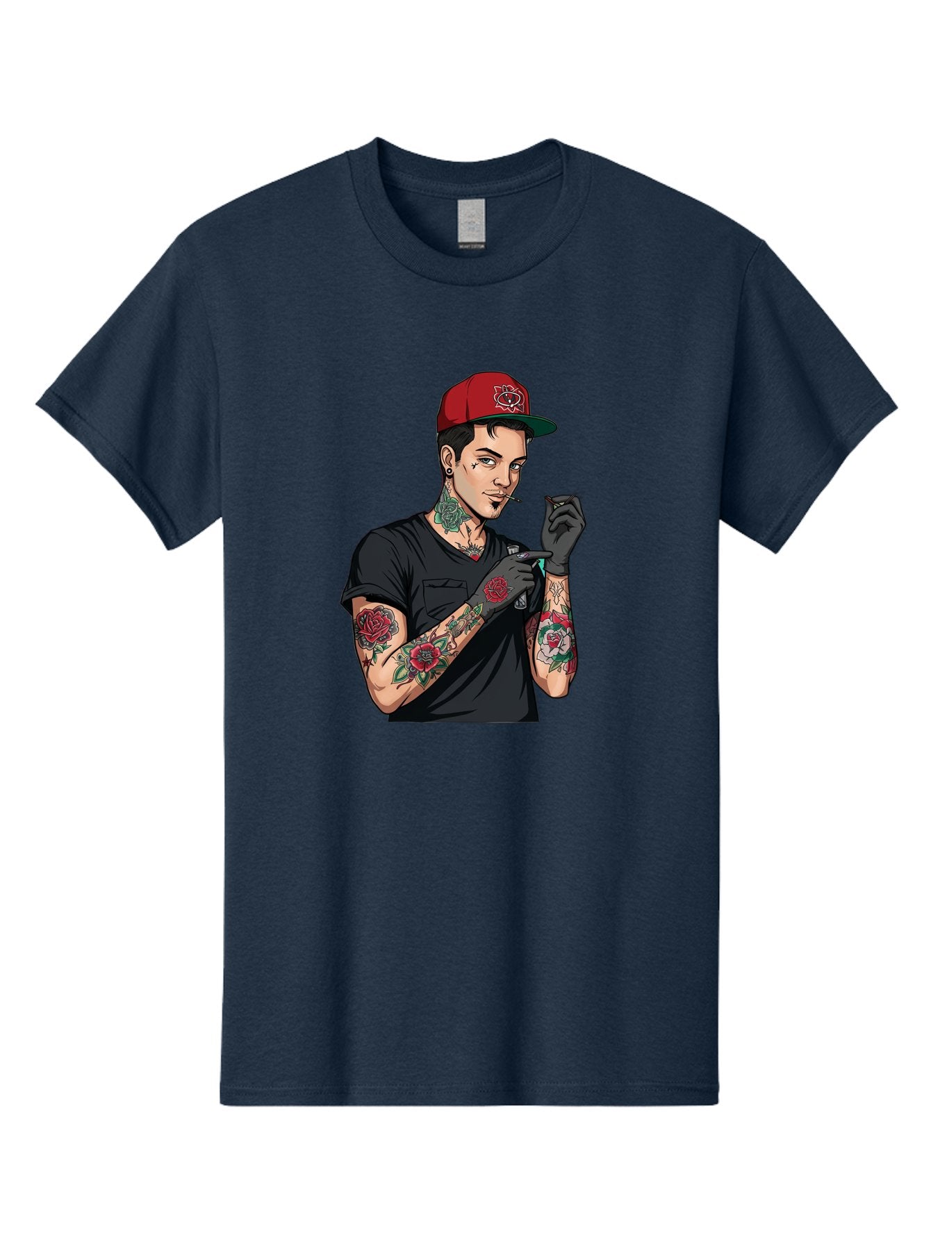 Tattooed-Man-1 Men'S Graphic Tee, 100% Cotton, Comfortable Casual Summer Wear, Machine Washable, Tattooed Man, Rose Tattoos, Red Baseball Cap, Black Gloves, Smoking Cigarette, Cartoon Style, Edgy Fashion, Bold Graphics, Streetwear, Modern Art Bad829 12