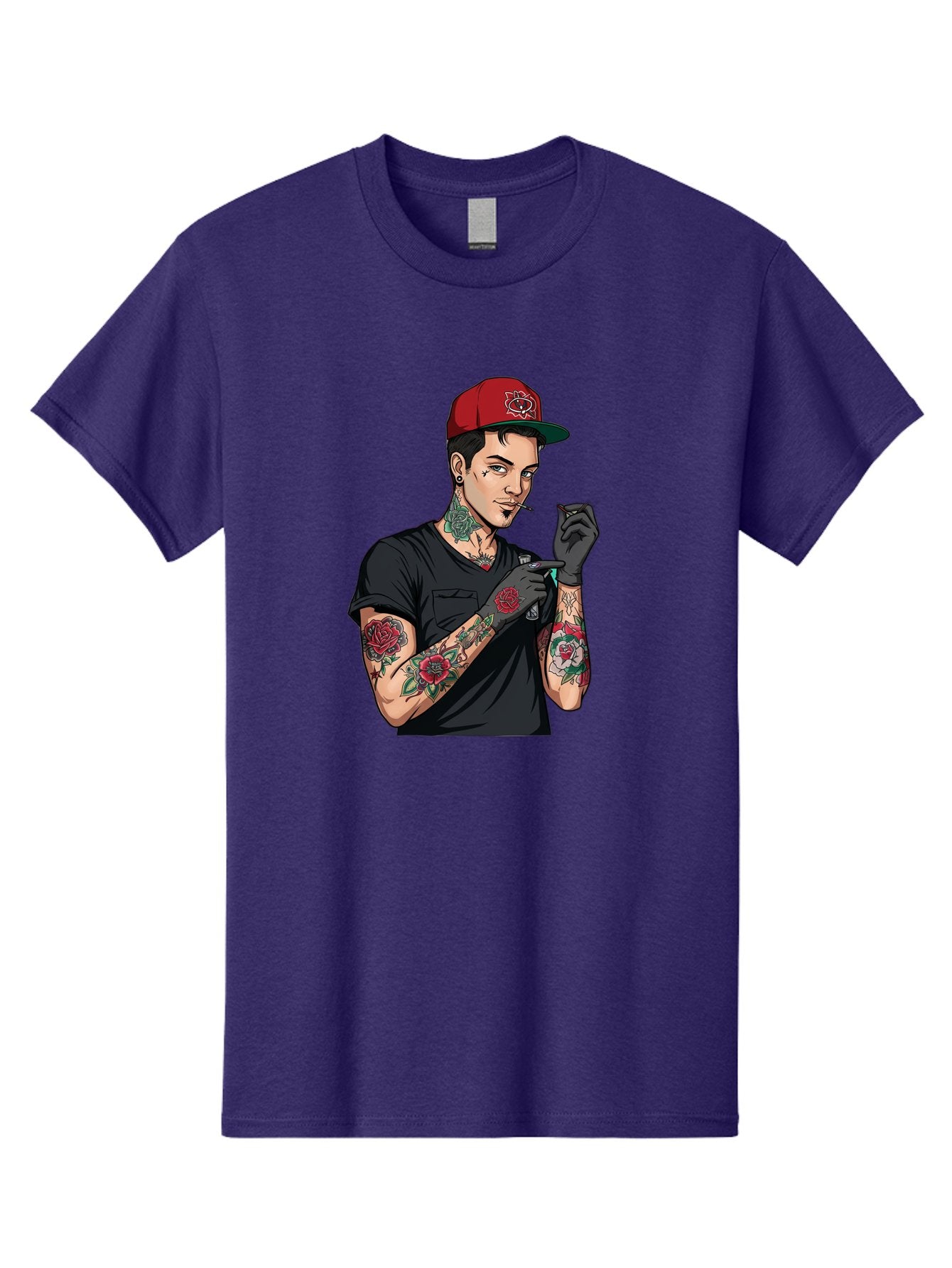 Tattooed-Man-1 Men'S Graphic Tee, 100% Cotton, Comfortable Casual Summer Wear, Machine Washable, Tattooed Man, Rose Tattoos, Red Baseball Cap, Black Gloves, Smoking Cigarette, Cartoon Style, Edgy Fashion, Bold Graphics, Streetwear, Modern Art Bad829 5