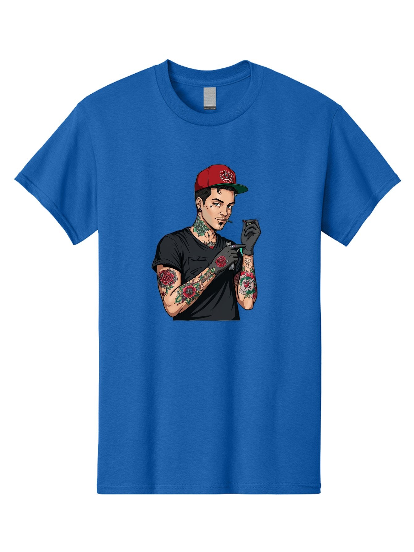 Tattooed-Man-1 Men'S Graphic Tee, 100% Cotton, Comfortable Casual Summer Wear, Machine Washable, Tattooed Man, Rose Tattoos, Red Baseball Cap, Black Gloves, Smoking Cigarette, Cartoon Style, Edgy Fashion, Bold Graphics, Streetwear, Modern Art Bad829 14