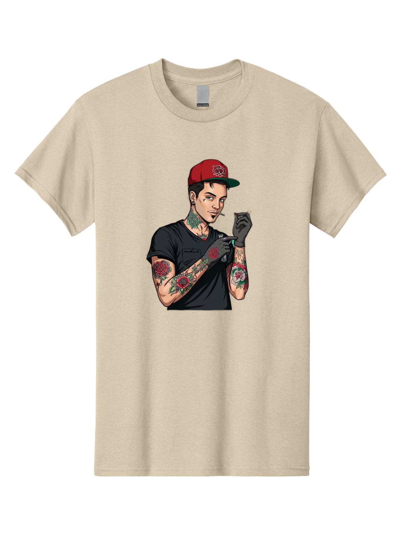 Tattooed-Man-1 Men'S Graphic Tee, 100% Cotton, Comfortable Casual Summer Wear, Machine Washable, Tattooed Man, Rose Tattoos, Red Baseball Cap, Black Gloves, Smoking Cigarette, Cartoon Style, Edgy Fashion, Bold Graphics, Streetwear, Modern Art Bad829