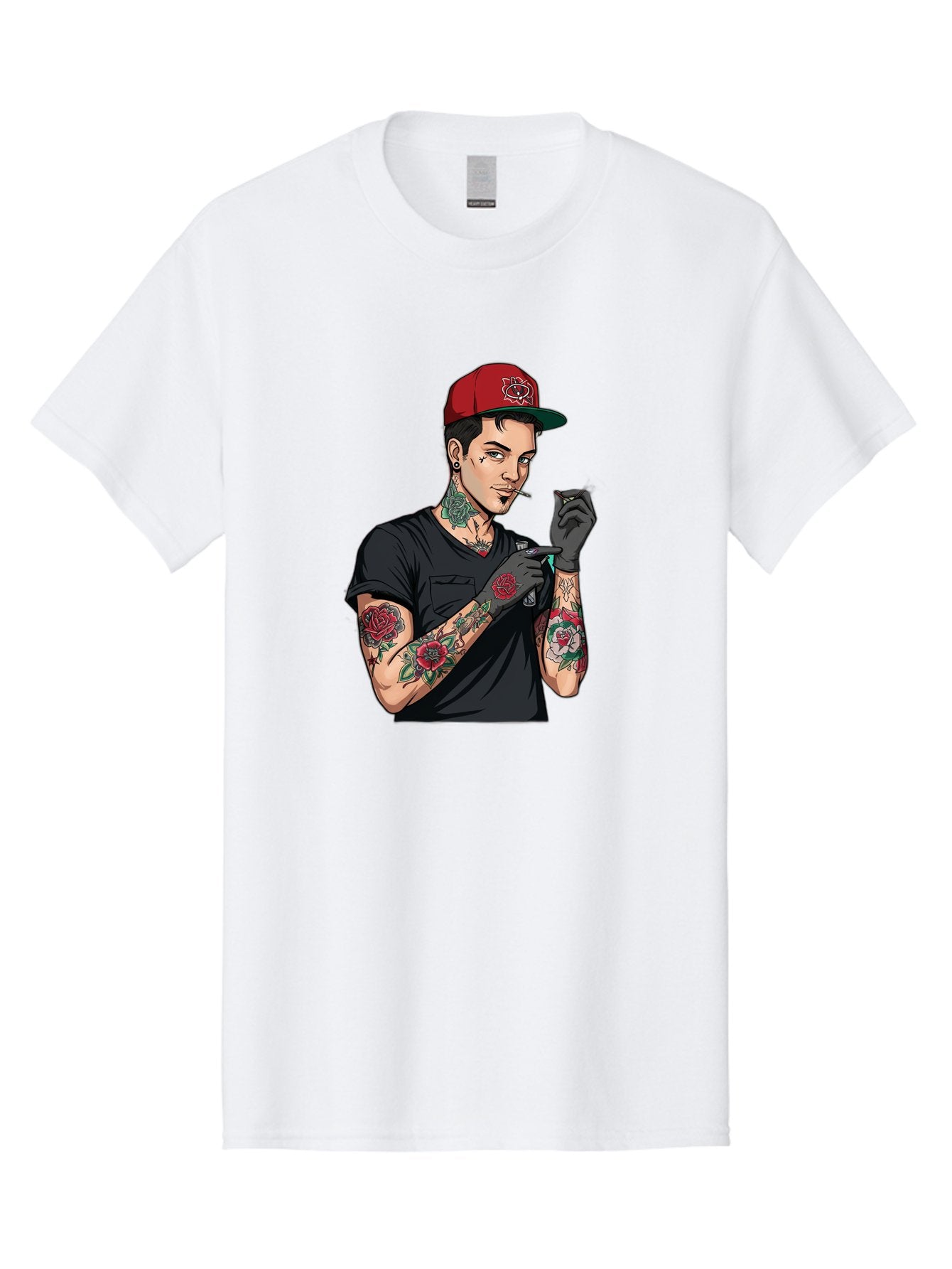 Tattooed-Man-1 Men'S Graphic Tee, 100% Cotton, Comfortable Casual Summer Wear, Machine Washable, Tattooed Man, Rose Tattoos, Red Baseball Cap, Black Gloves, Smoking Cigarette, Cartoon Style, Edgy Fashion, Bold Graphics, Streetwear, Modern Art Bad829 13