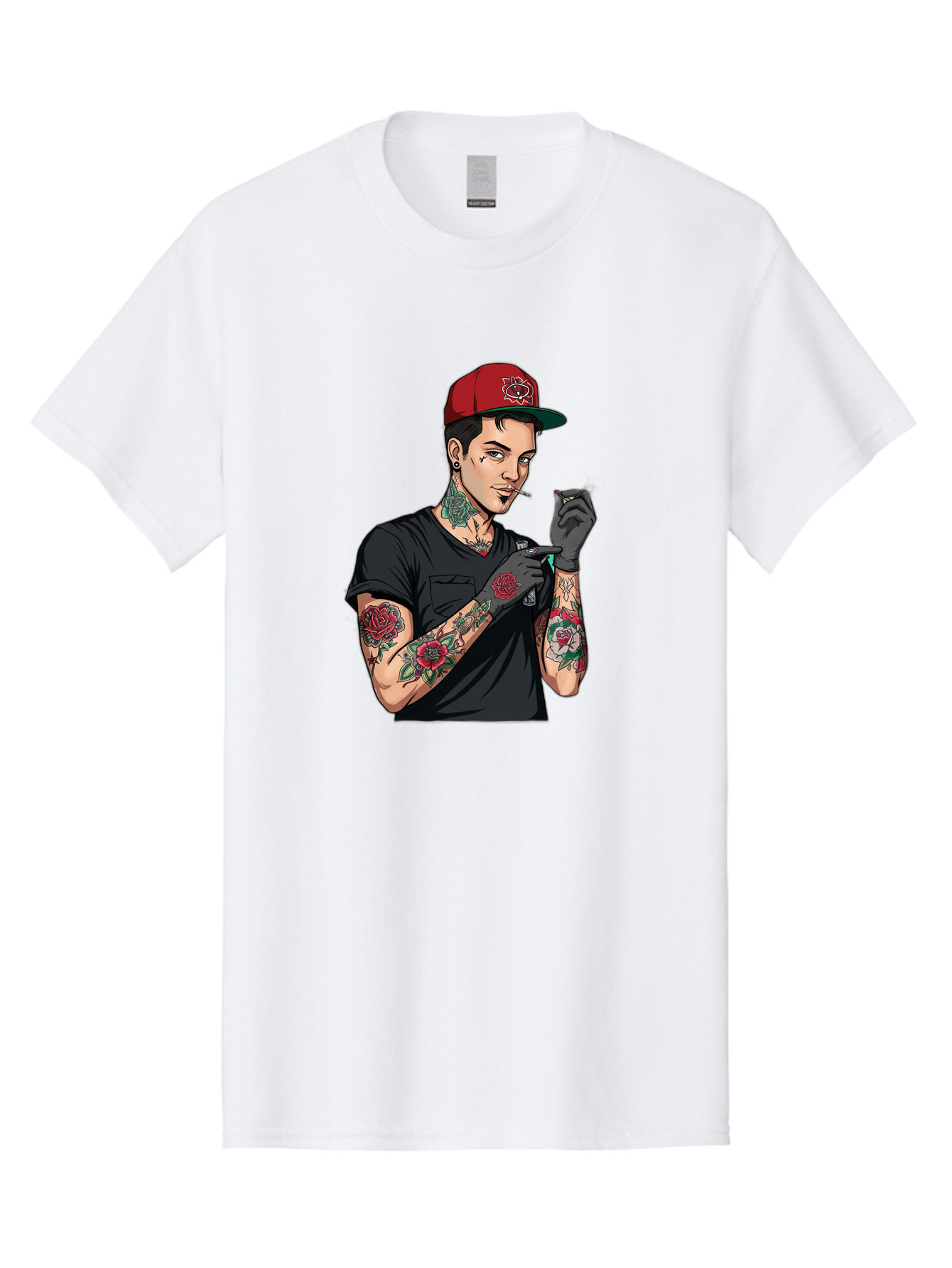 Tattooed-Man-1 Men'S Graphic Tee, 100% Cotton, Comfortable Casual Summer Wear, Machine Washable, Tattooed Man, Rose Tattoos, Red Baseball Cap, Black Gloves, Smoking Cigarette, Cartoon Style, Edgy Fashion, Bold Graphics, Streetwear, Modern Art Bad829 15