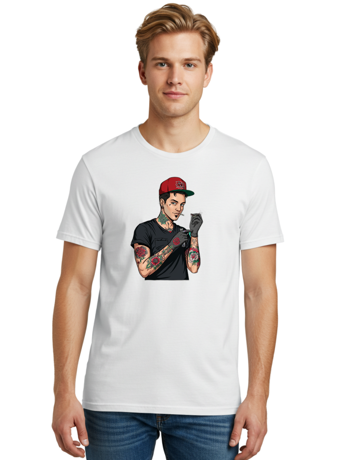 Tattooed-Man-1 Men'S Graphic Tee, 100% Cotton, Comfortable Casual Summer Wear, Machine Washable, Tattooed Man, Rose Tattoos, Red Baseball Cap, Black Gloves, Smoking Cigarette, Cartoon Style, Edgy Fashion, Bold Graphics, Streetwear, Modern Art Bad829 30