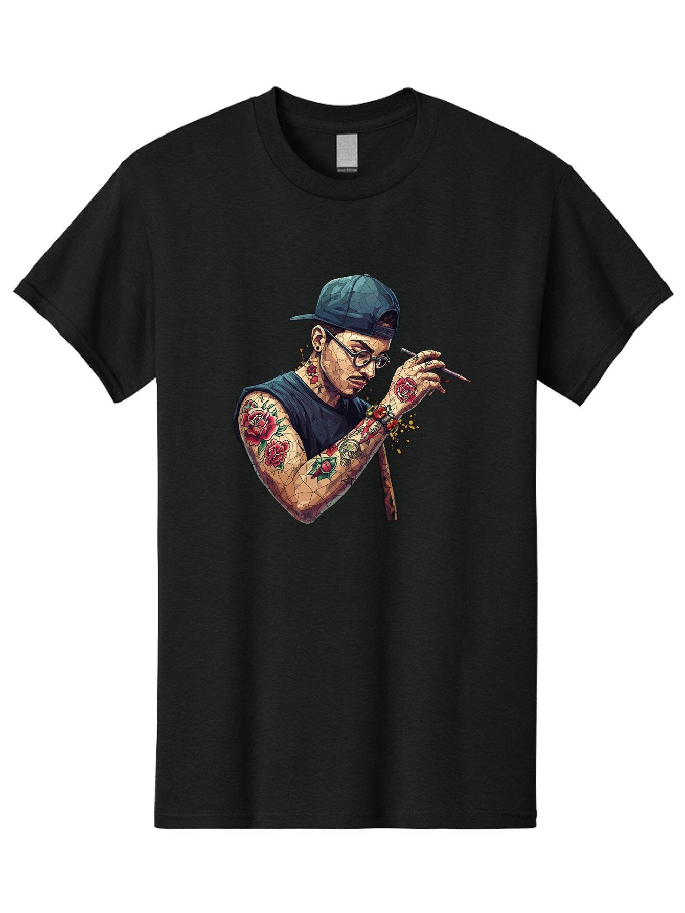 Tattooed-Man-2 Men'S Graphic Tee, 100% Cotton, Comfortable Casual Summer Wear, Machine Washable, Tattooed Man, Smoking Cigarette, Rose Tattoos, Geometric Art, Edgy Style, Urban Culture, Streetwear Inspiration, Cool Guy Bad830