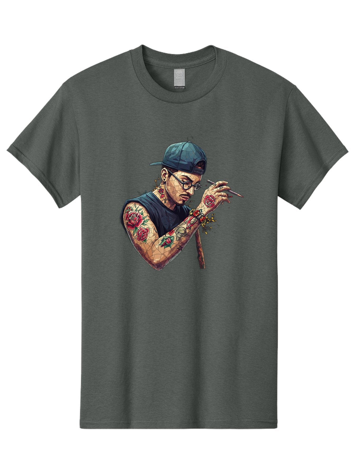 Tattooed-Man-2 Men'S Graphic Tee, 100% Cotton, Comfortable Casual Summer Wear, Machine Washable, Tattooed Man, Smoking Cigarette, Rose Tattoos, Geometric Art, Edgy Style, Urban Culture, Streetwear Inspiration, Cool Guy Bad830 10