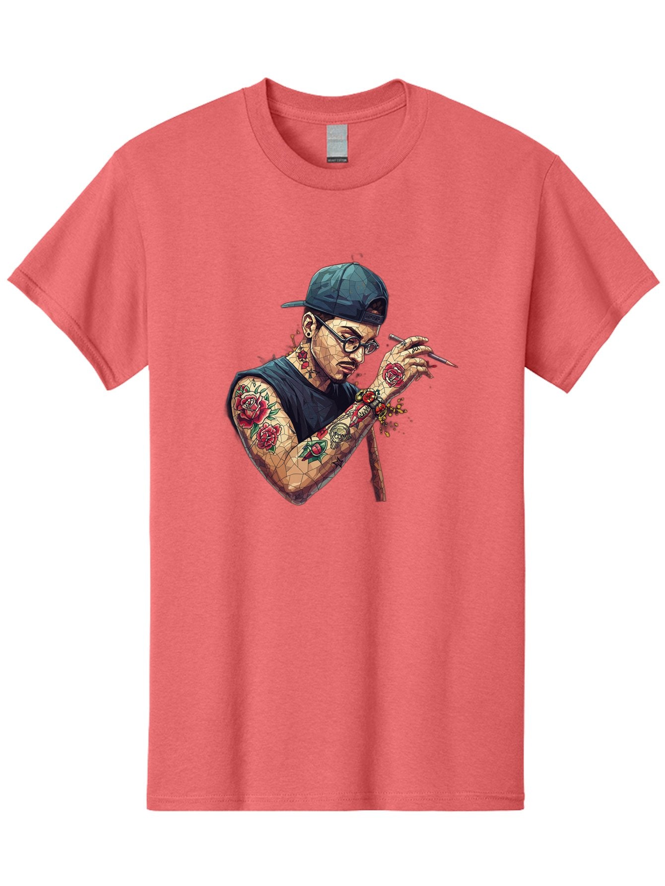 Tattooed-Man-2 Men'S Graphic Tee, 100% Cotton, Comfortable Casual Summer Wear, Machine Washable, Tattooed Man, Smoking Cigarette, Rose Tattoos, Geometric Art, Edgy Style, Urban Culture, Streetwear Inspiration, Cool Guy Bad830 9