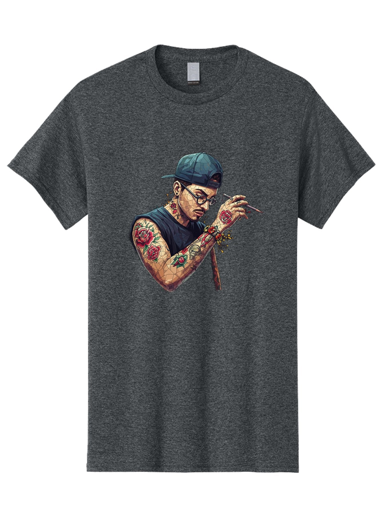 Tattooed-Man-2 Men'S Graphic Tee, 100% Cotton, Comfortable Casual Summer Wear, Machine Washable, Tattooed Man, Smoking Cigarette, Rose Tattoos, Geometric Art, Edgy Style, Urban Culture, Streetwear Inspiration, Cool Guy Bad830 11