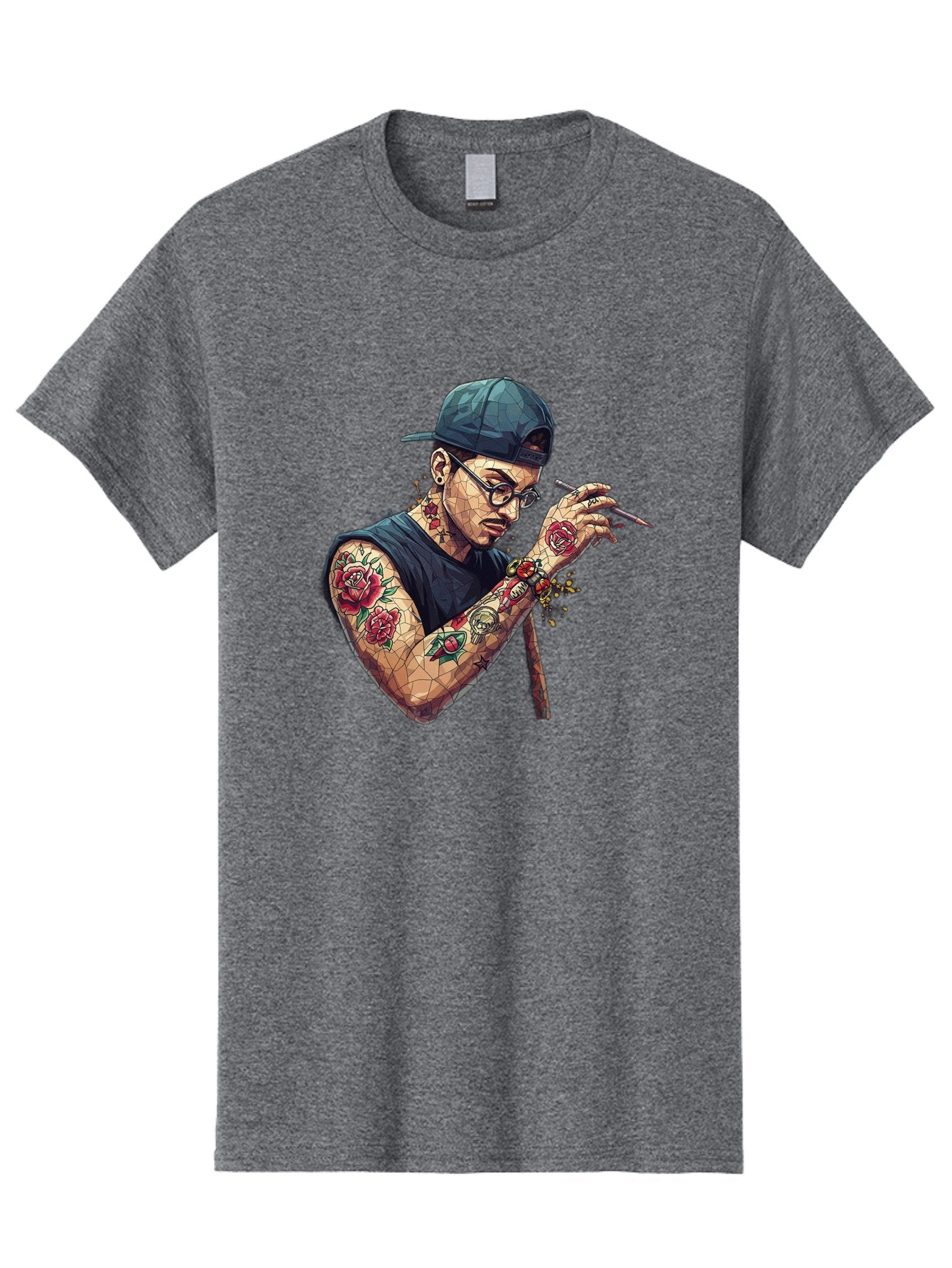 Tattooed-Man-2 Men'S Graphic Tee, 100% Cotton, Comfortable Casual Summer Wear, Machine Washable, Tattooed Man, Smoking Cigarette, Rose Tattoos, Geometric Art, Edgy Style, Urban Culture, Streetwear Inspiration, Cool Guy Bad830 4
