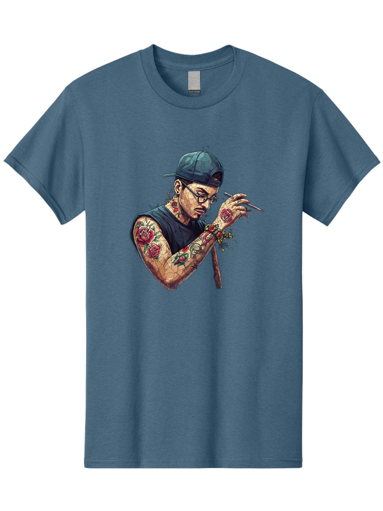 Tattooed-Man-2 Men'S Graphic Tee, 100% Cotton, Comfortable Casual Summer Wear, Machine Washable, Tattooed Man, Smoking Cigarette, Rose Tattoos, Geometric Art, Edgy Style, Urban Culture, Streetwear Inspiration, Cool Guy Bad830 3