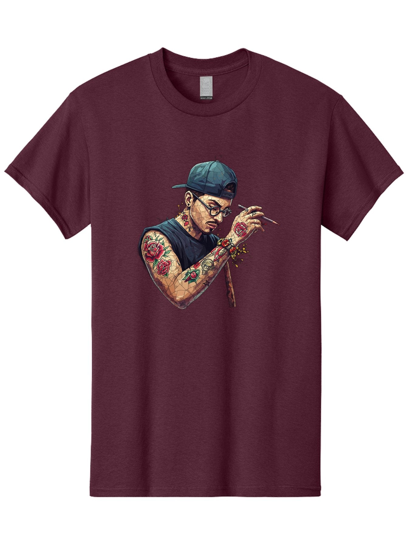 Tattooed-Man-2 Men'S Graphic Tee, 100% Cotton, Comfortable Casual Summer Wear, Machine Washable, Tattooed Man, Smoking Cigarette, Rose Tattoos, Geometric Art, Edgy Style, Urban Culture, Streetwear Inspiration, Cool Guy Bad830 6