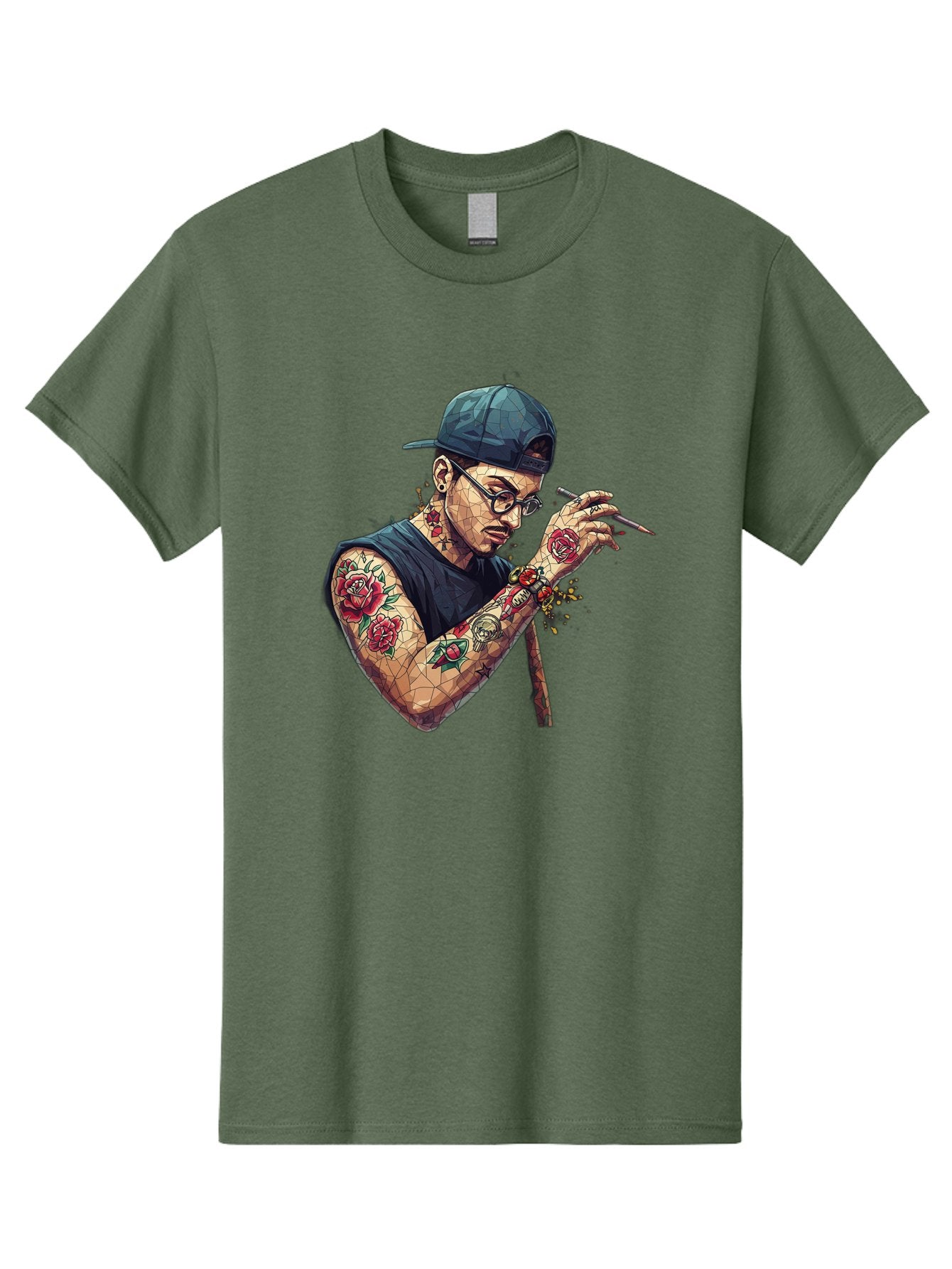 Tattooed-Man-2 Men'S Graphic Tee, 100% Cotton, Comfortable Casual Summer Wear, Machine Washable, Tattooed Man, Smoking Cigarette, Rose Tattoos, Geometric Art, Edgy Style, Urban Culture, Streetwear Inspiration, Cool Guy Bad830 15