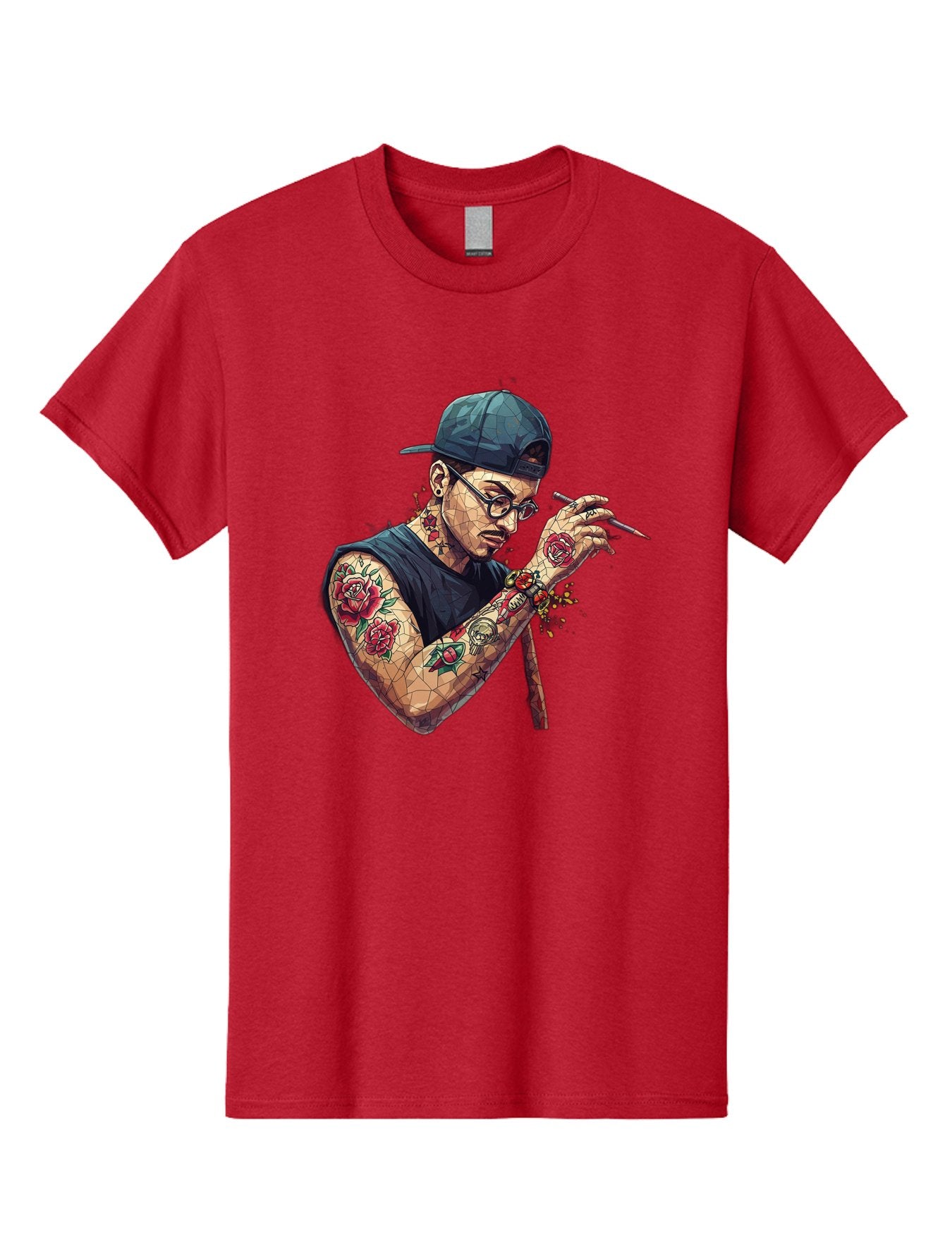 Tattooed-Man-2 Men'S Graphic Tee, 100% Cotton, Comfortable Casual Summer Wear, Machine Washable, Tattooed Man, Smoking Cigarette, Rose Tattoos, Geometric Art, Edgy Style, Urban Culture, Streetwear Inspiration, Cool Guy Bad830 13