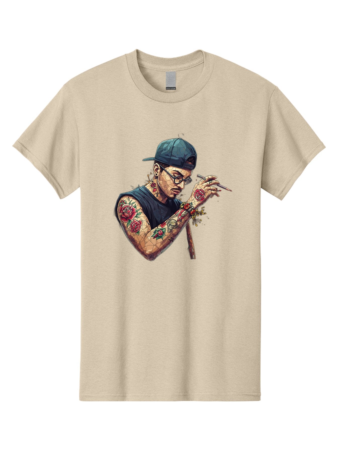 Tattooed-Man-2 Men'S Graphic Tee, 100% Cotton, Comfortable Casual Summer Wear, Machine Washable, Tattooed Man, Smoking Cigarette, Rose Tattoos, Geometric Art, Edgy Style, Urban Culture, Streetwear Inspiration, Cool Guy Bad830 12