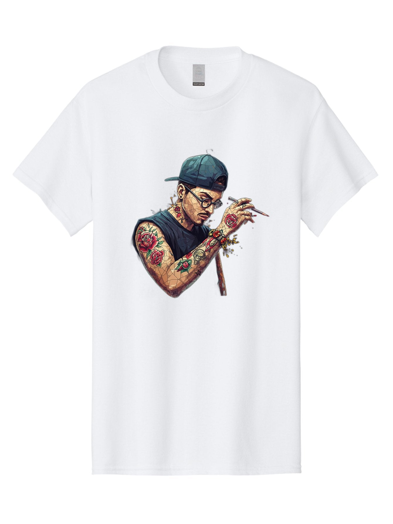 Tattooed-Man-2 Men'S Graphic Tee, 100% Cotton, Comfortable Casual Summer Wear, Machine Washable, Tattooed Man, Smoking Cigarette, Rose Tattoos, Geometric Art, Edgy Style, Urban Culture, Streetwear Inspiration, Cool Guy Bad830 8