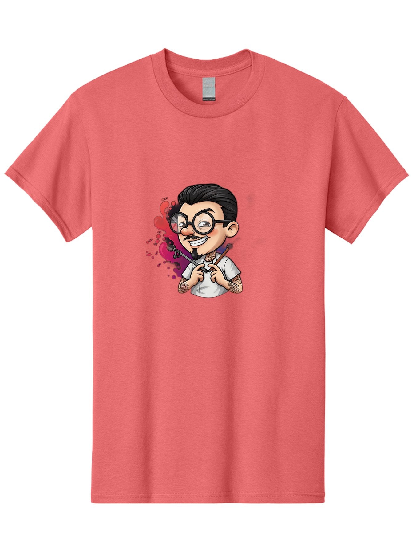 Tattooed-Man Men'S Graphic Tee, 100% Cotton, Comfortable Casual Summer Wear, Machine Washable, Tattoo Artist, Cartoon Character, Man With Glasses, Tattoo Machine, Ink Splatter, Creative Profession, Body Art, Tattoo Culture, Artistic Expression Bad831 15