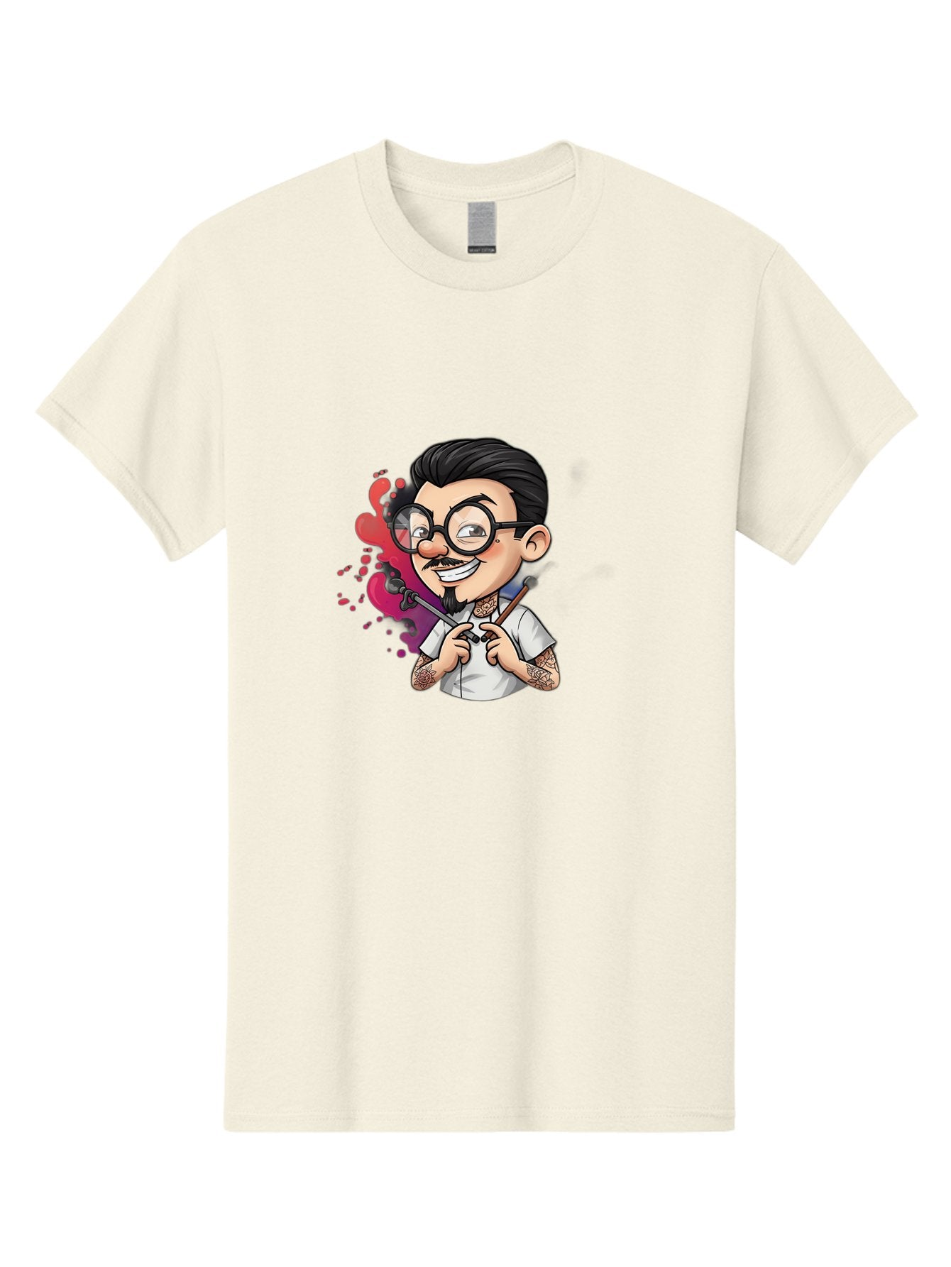 Tattooed-Man Men'S Graphic Tee, 100% Cotton, Comfortable Casual Summer Wear, Machine Washable, Tattoo Artist, Cartoon Character, Man With Glasses, Tattoo Machine, Ink Splatter, Creative Profession, Body Art, Tattoo Culture, Artistic Expression Bad831 7