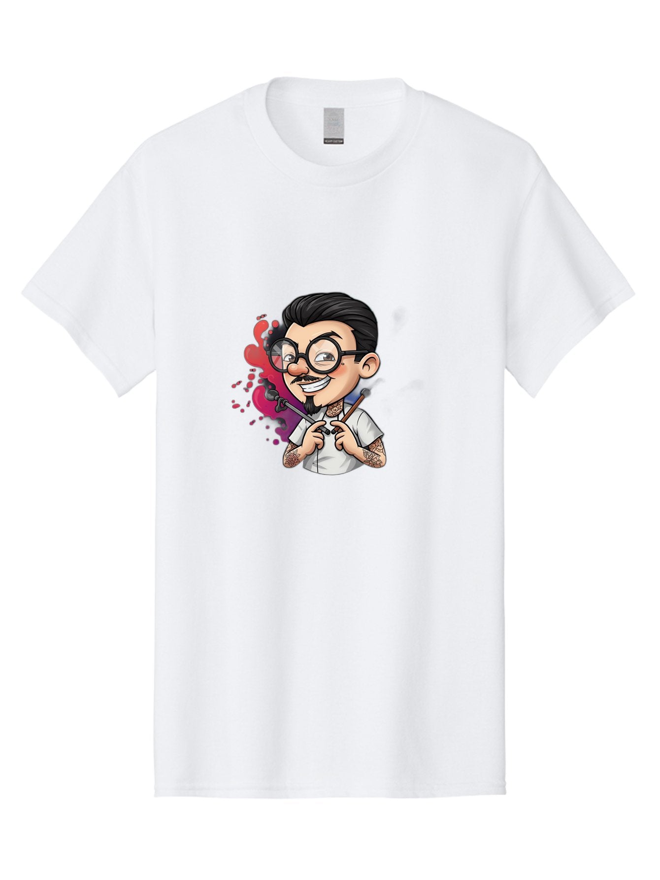Tattooed-Man Men'S Graphic Tee, 100% Cotton, Comfortable Casual Summer Wear, Machine Washable, Tattoo Artist, Cartoon Character, Man With Glasses, Tattoo Machine, Ink Splatter, Creative Profession, Body Art, Tattoo Culture, Artistic Expression Bad831 8