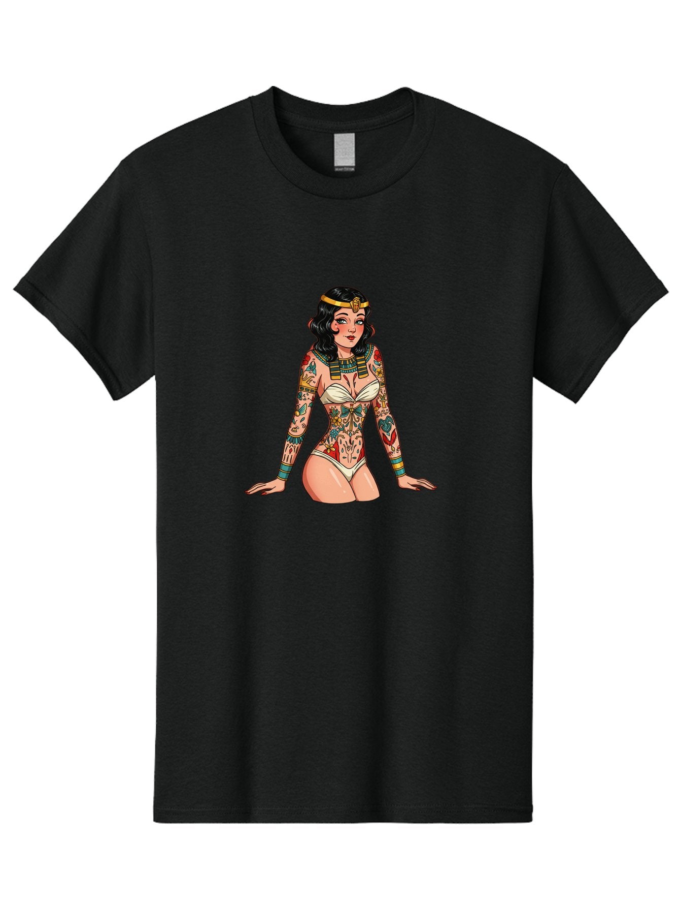 Tattooed-Pinup-Girl Men'S Graphic Tee, 100% Cotton, Comfortable Casual Summer Wear, Machine Washable, Pin-Up Girl Illustration, Tattoo Art, Body Art, Vintage Style, Erotic Art, Colorful Tattoos, White Swimsuit, Kneeling Pose, Ancient Jewelry, Bad832 3
