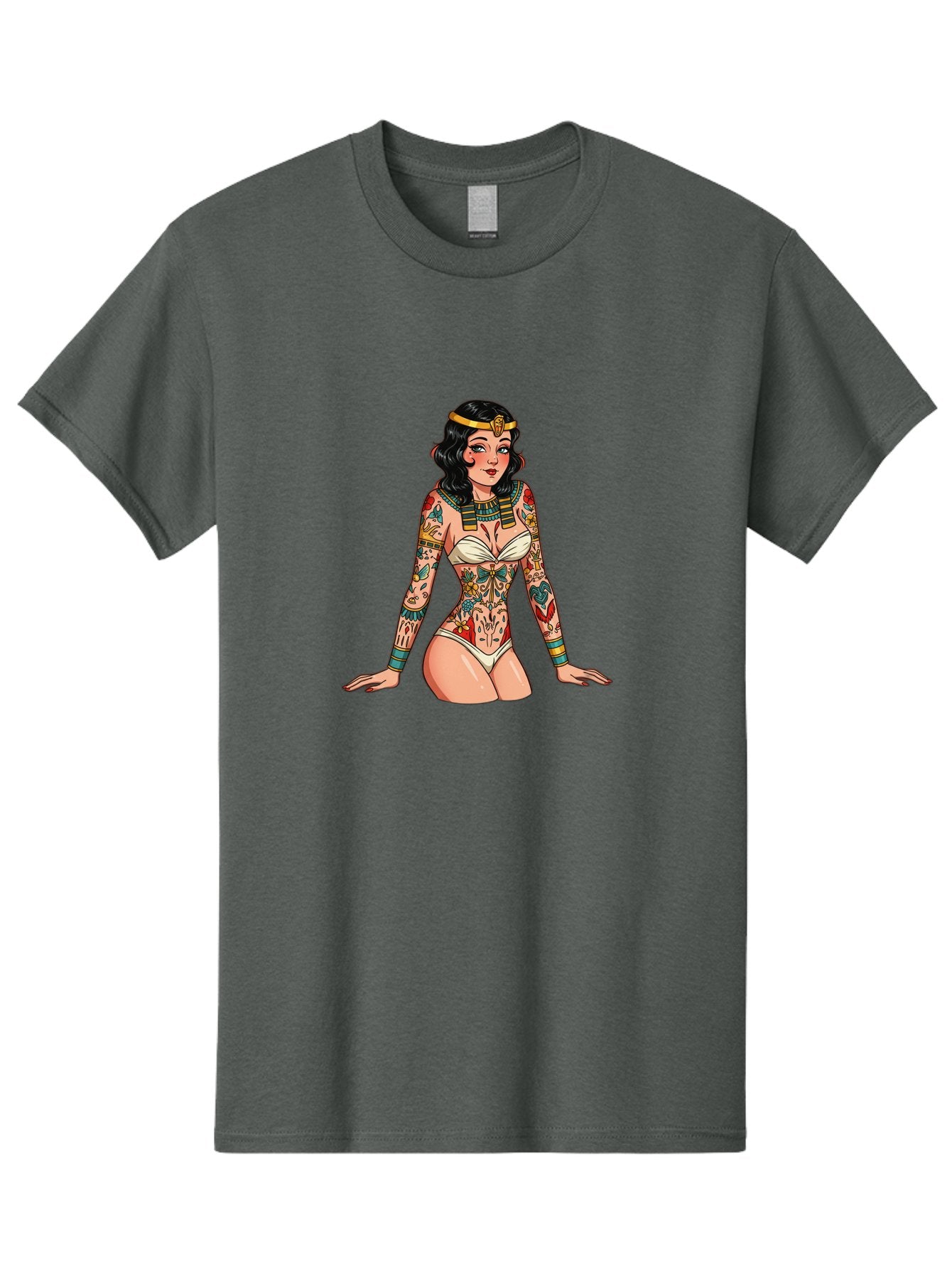 Tattooed-Pinup-Girl Men'S Graphic Tee, 100% Cotton, Comfortable Casual Summer Wear, Machine Washable, Pin-Up Girl Illustration, Tattoo Art, Body Art, Vintage Style, Erotic Art, Colorful Tattoos, White Swimsuit, Kneeling Pose, Ancient Jewelry, Bad832 7