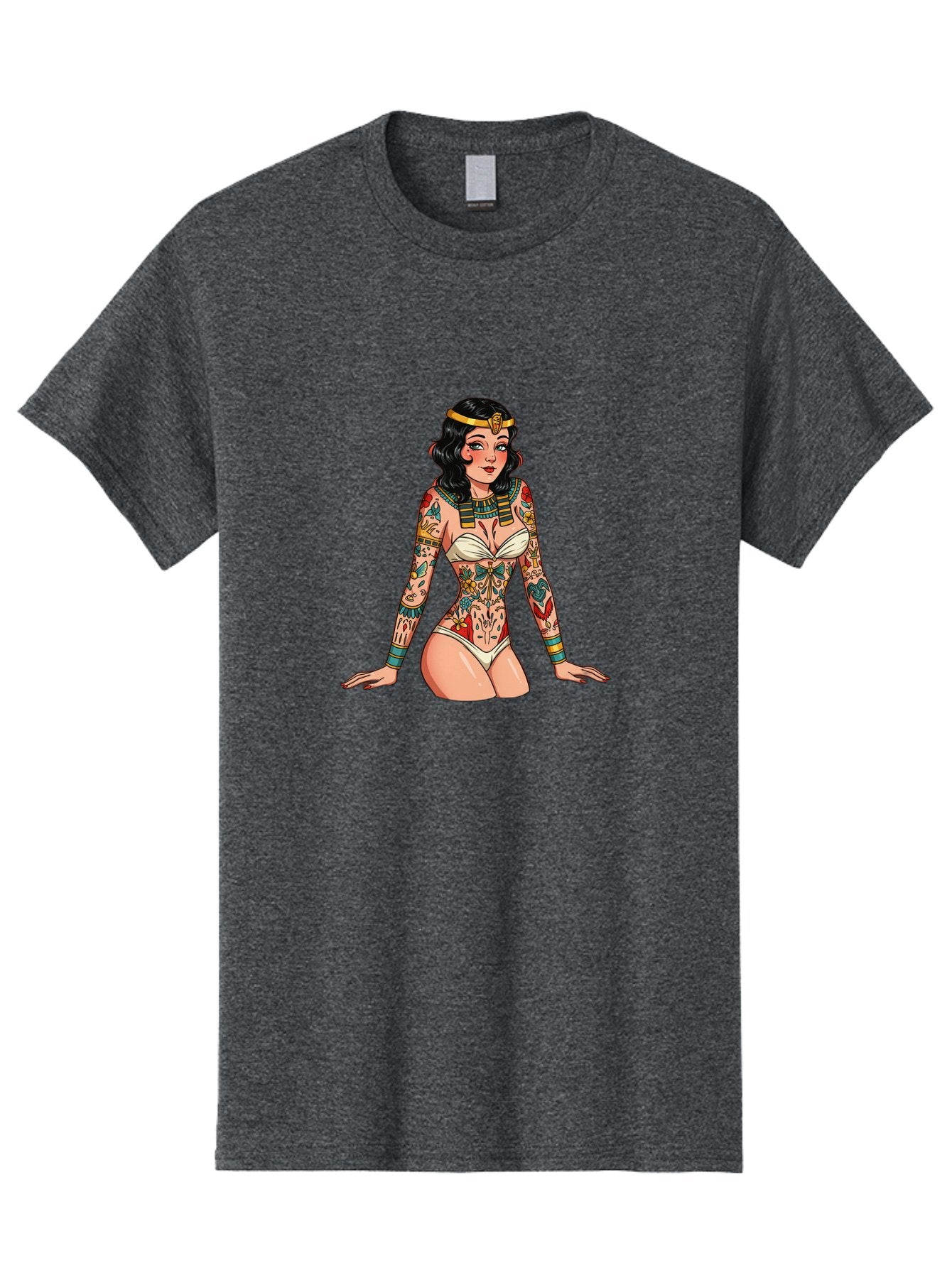 Tattooed-Pinup-Girl Men'S Graphic Tee, 100% Cotton, Comfortable Casual Summer Wear, Machine Washable, Pin-Up Girl Illustration, Tattoo Art, Body Art, Vintage Style, Erotic Art, Colorful Tattoos, White Swimsuit, Kneeling Pose, Ancient Jewelry, Bad832 8