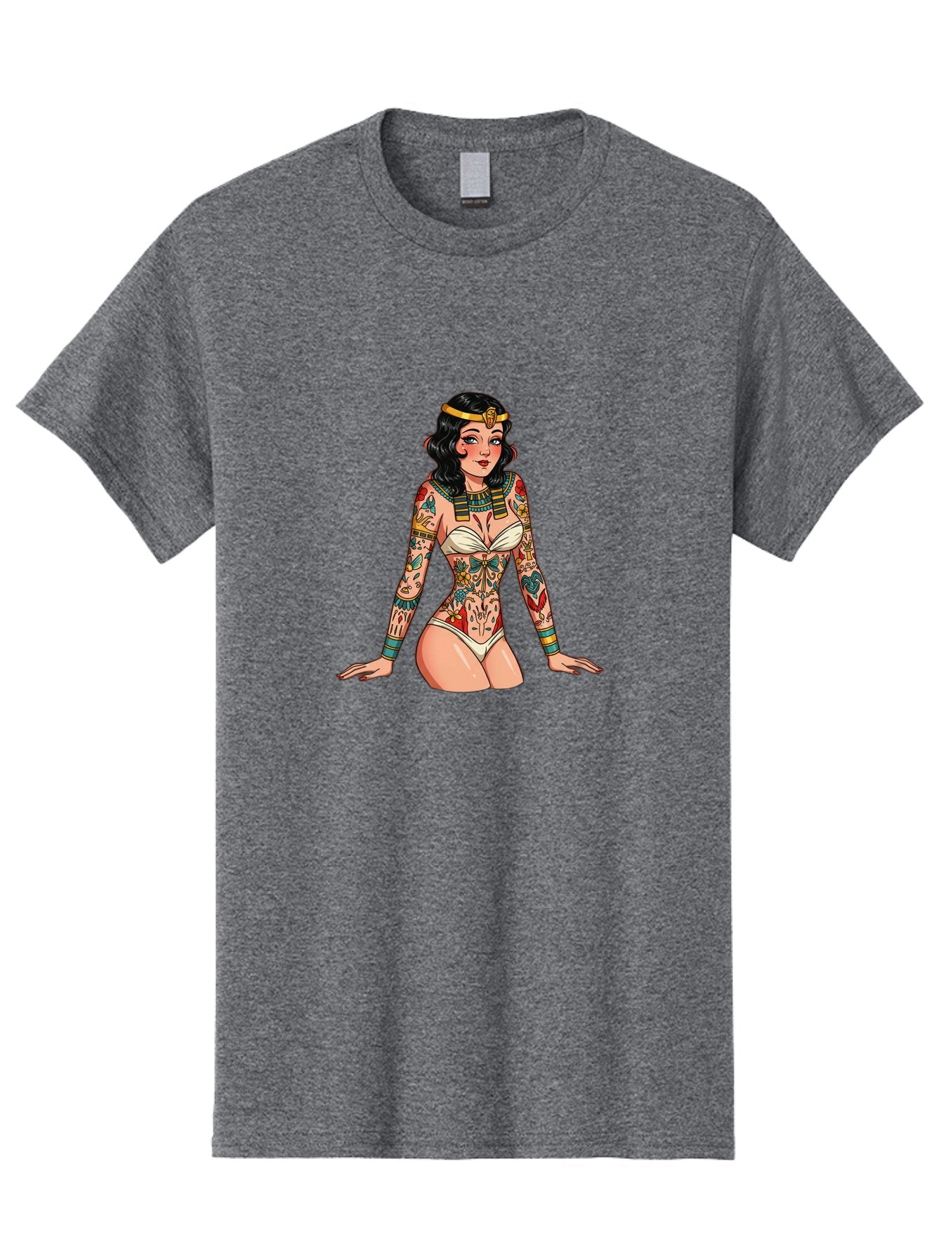 Tattooed-Pinup-Girl Men'S Graphic Tee, 100% Cotton, Comfortable Casual Summer Wear, Machine Washable, Pin-Up Girl Illustration, Tattoo Art, Body Art, Vintage Style, Erotic Art, Colorful Tattoos, White Swimsuit, Kneeling Pose, Ancient Jewelry, Bad832 5