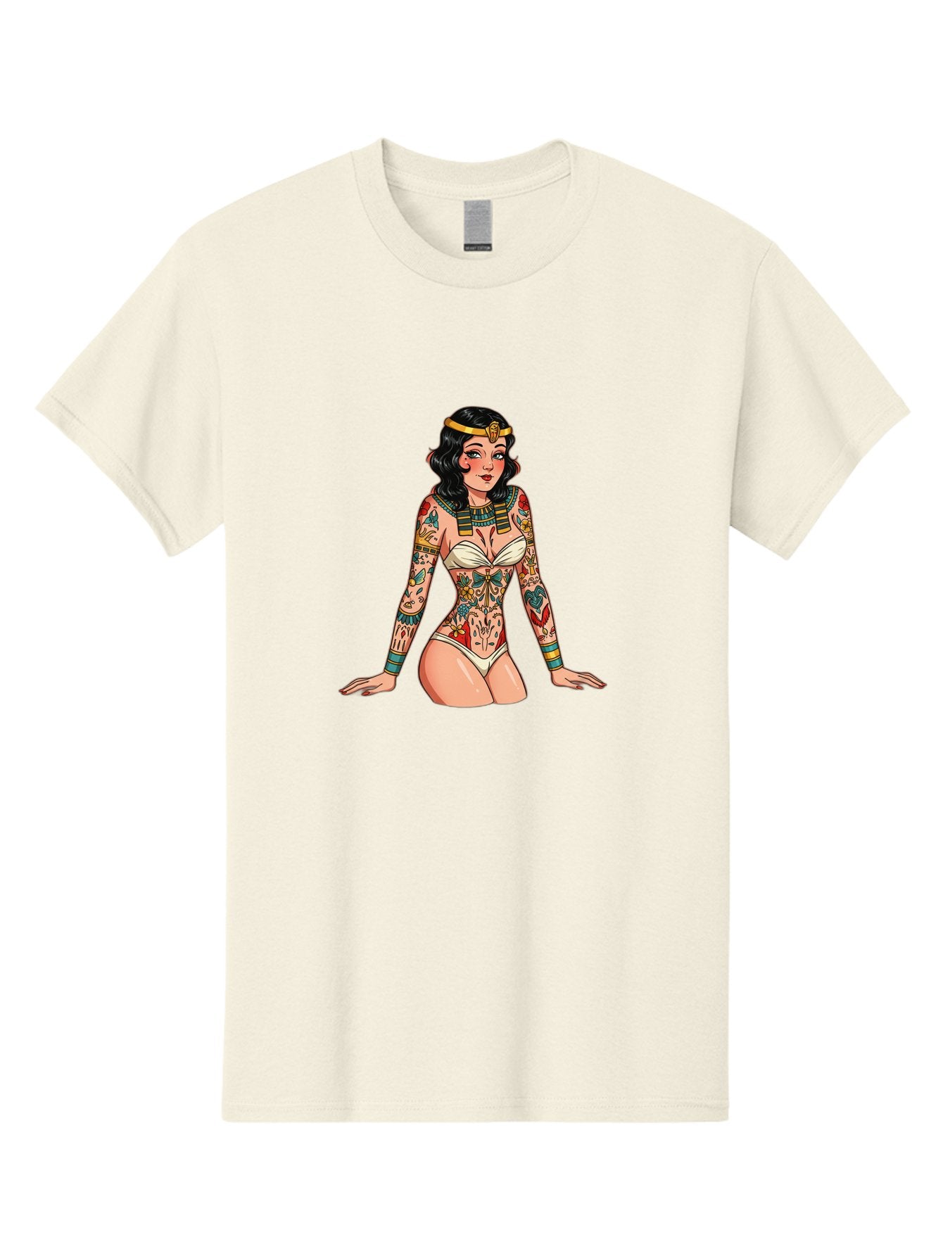 Tattooed-Pinup-Girl Men'S Graphic Tee, 100% Cotton, Comfortable Casual Summer Wear, Machine Washable, Pin-Up Girl Illustration, Tattoo Art, Body Art, Vintage Style, Erotic Art, Colorful Tattoos, White Swimsuit, Kneeling Pose, Ancient Jewelry, Bad832 11
