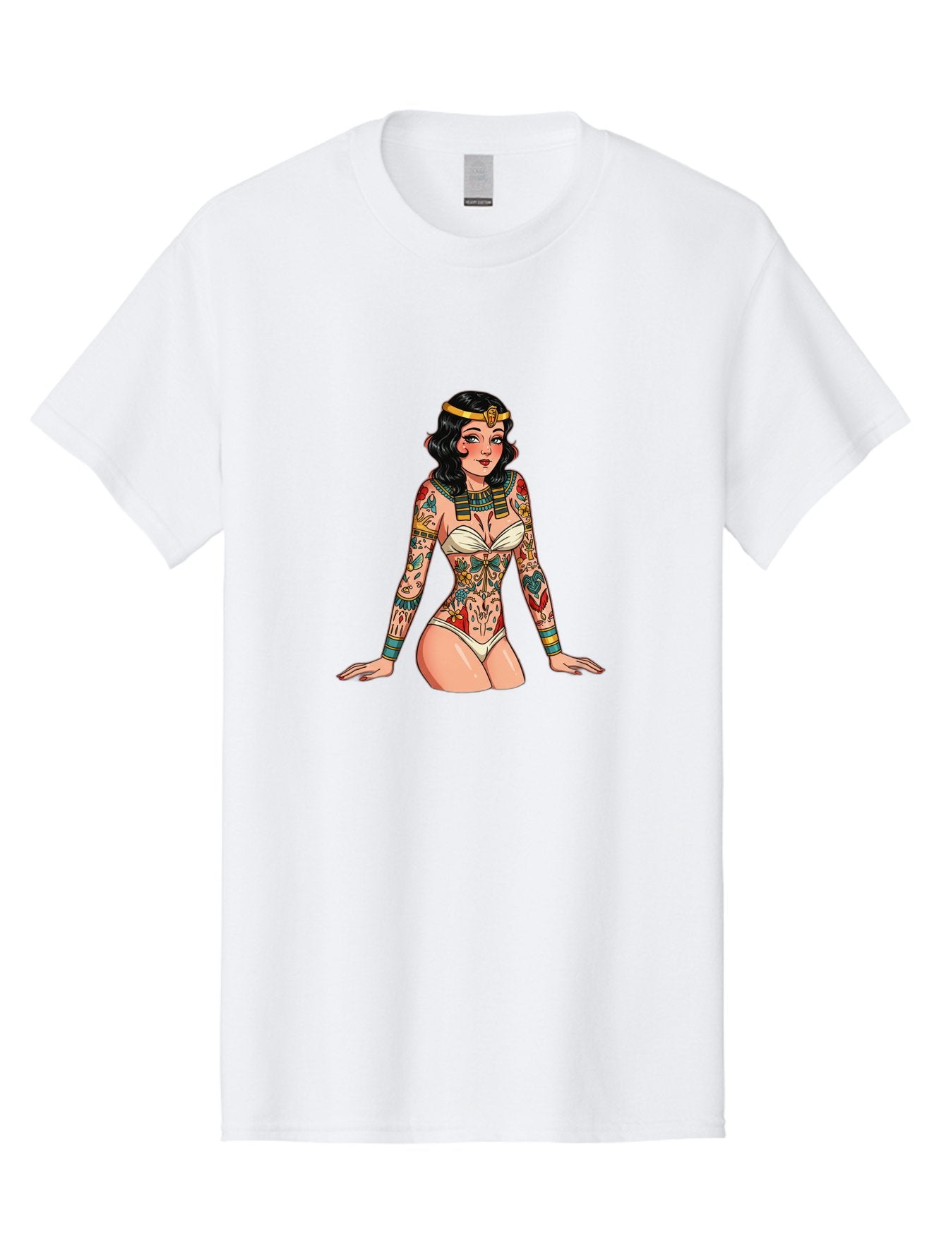 Tattooed-Pinup-Girl Men'S Graphic Tee, 100% Cotton, Comfortable Casual Summer Wear, Machine Washable, Pin-Up Girl Illustration, Tattoo Art, Body Art, Vintage Style, Erotic Art, Colorful Tattoos, White Swimsuit, Kneeling Pose, Ancient Jewelry, Bad832 10