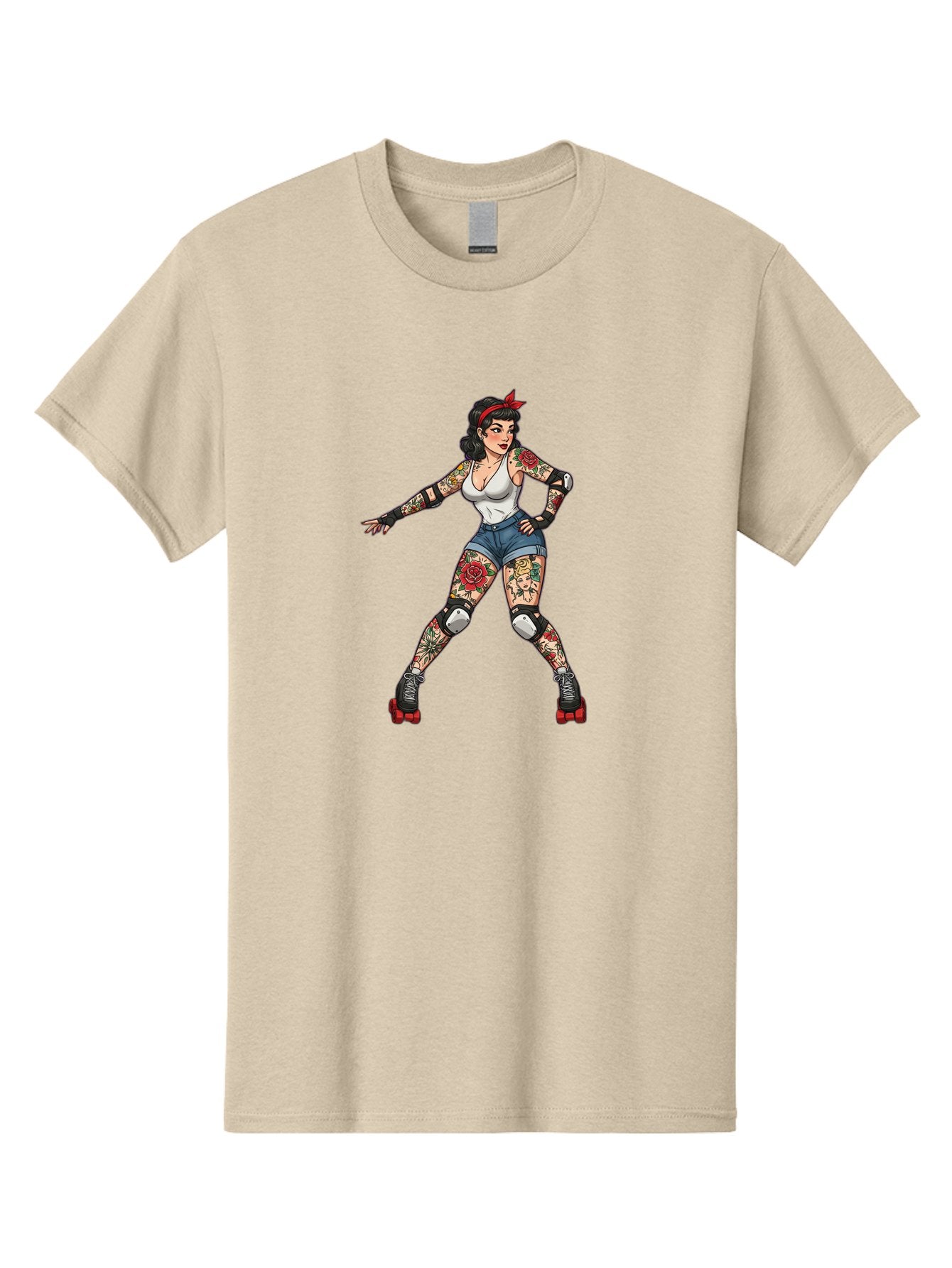 Tattooed-Roller-Girl Men'S Graphic Tee, 100% Cotton, Comfortable Casual Summer Wear, Machine Washable, Pin-Up Girl, Roller Skater, Tattoos, Retro Style, Vintage Charm, Roller Skating, Body Art, Female Empowerment, Graphic Design, Bad833 8