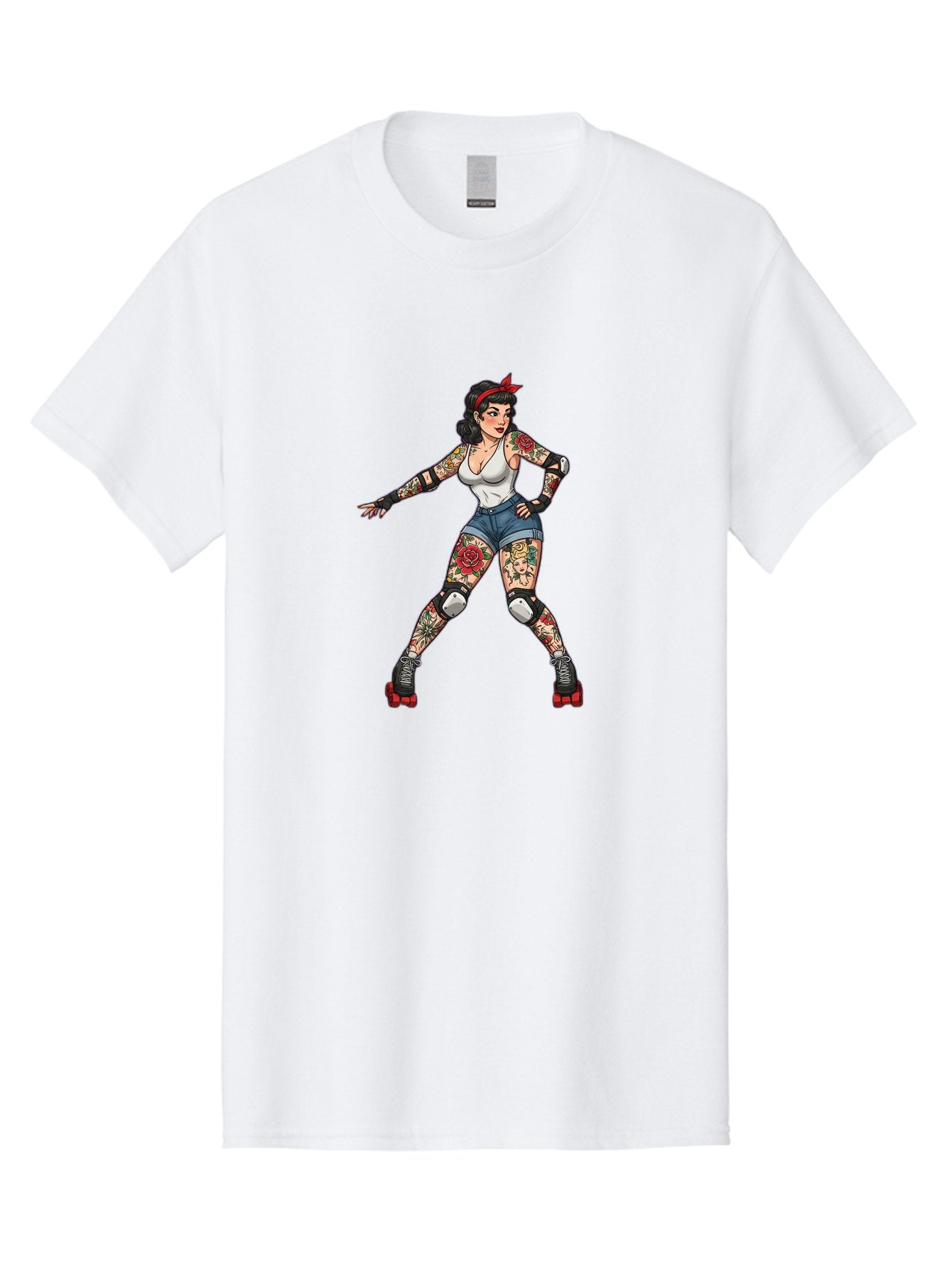 Tattooed-Roller-Girl Men'S Graphic Tee, 100% Cotton, Comfortable Casual Summer Wear, Machine Washable, Pin-Up Girl, Roller Skater, Tattoos, Retro Style, Vintage Charm, Roller Skating, Body Art, Female Empowerment, Graphic Design, Bad833 5