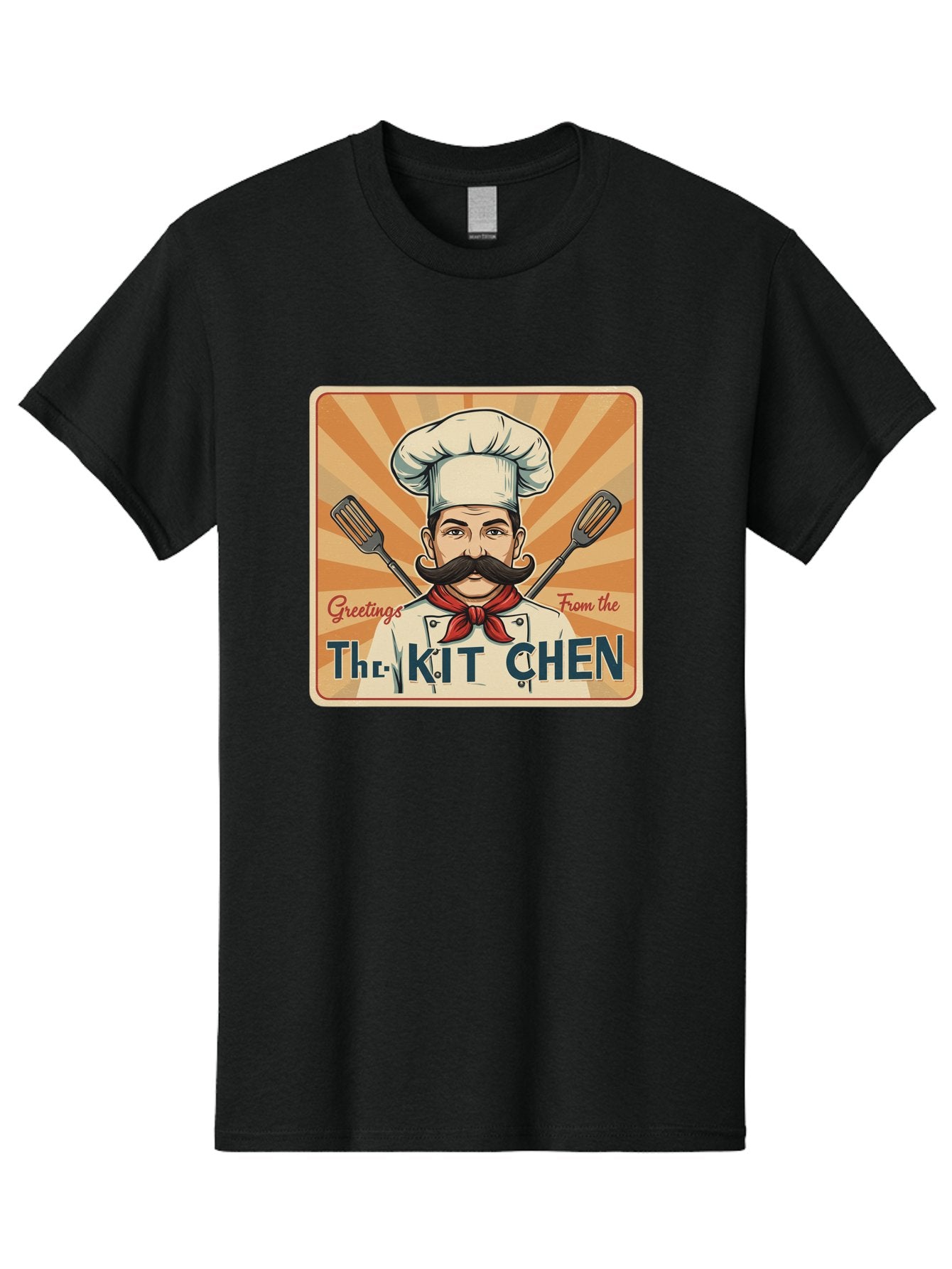 The-Kit-Chen Men'S Graphic Tee, 100% Cotton, Comfortable Casual Summer Wear, Machine Washable, Cartoon Chef, Mustachioed Man, Cooking Utensils, Kitchen Theme, Retro Style, Playful Graphics, Chef'S Hat, Red Neckerchief, Warm Colors, Bad835 7