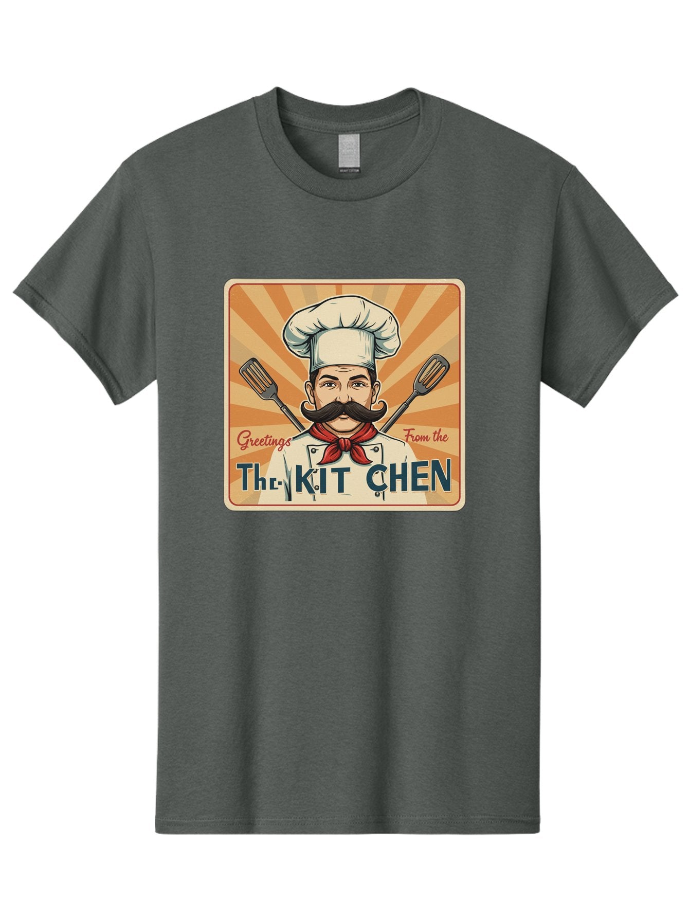 The-Kit-Chen Men'S Graphic Tee, 100% Cotton, Comfortable Casual Summer Wear, Machine Washable, Cartoon Chef, Mustachioed Man, Cooking Utensils, Kitchen Theme, Retro Style, Playful Graphics, Chef'S Hat, Red Neckerchief, Warm Colors, Bad835