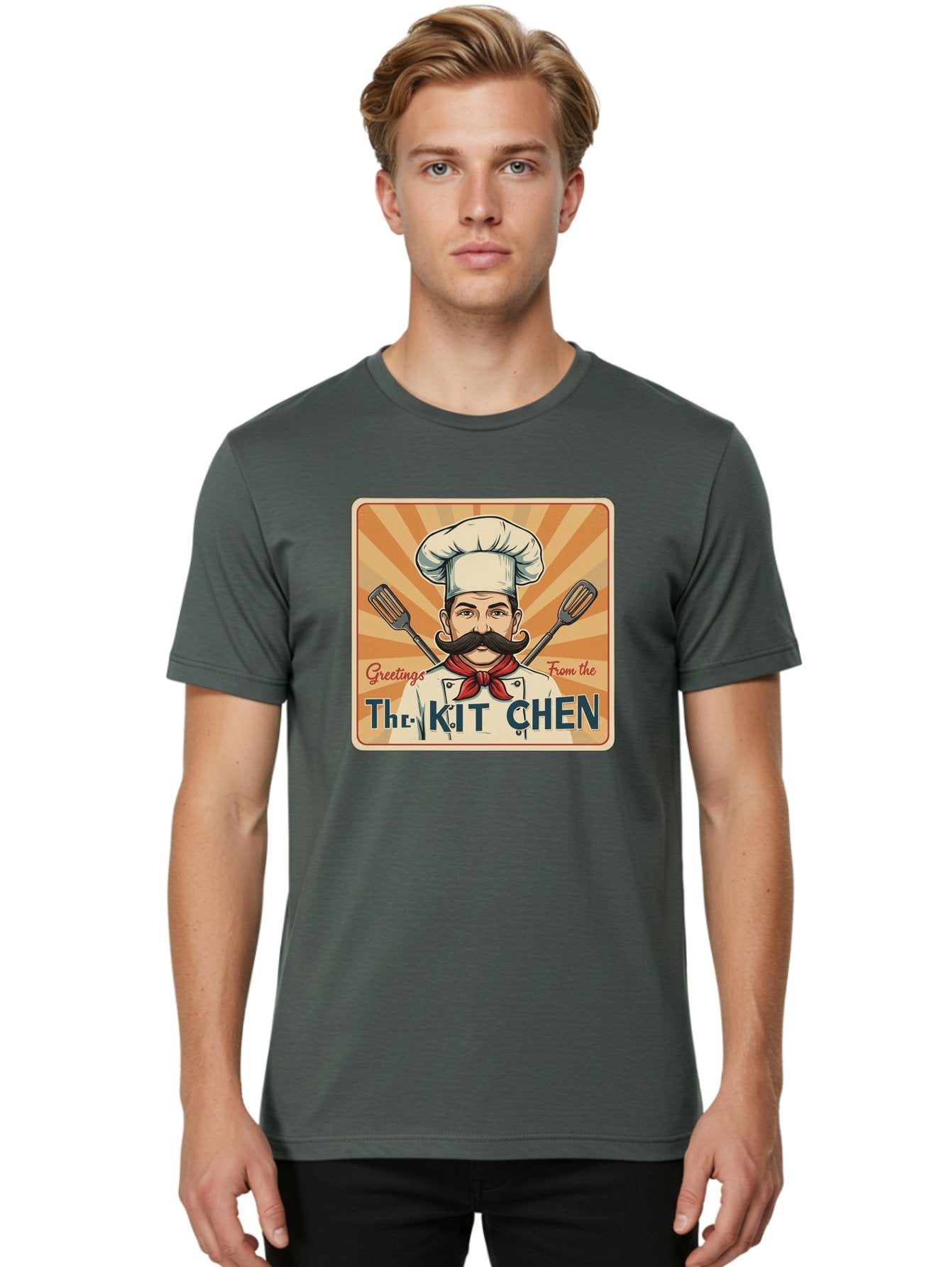 The-Kit-Chen Men'S Graphic Tee, 100% Cotton, Comfortable Casual Summer Wear, Machine Washable, Cartoon Chef, Mustachioed Man, Cooking Utensils, Kitchen Theme, Retro Style, Playful Graphics, Chef'S Hat, Red Neckerchief, Warm Colors, Bad835 21