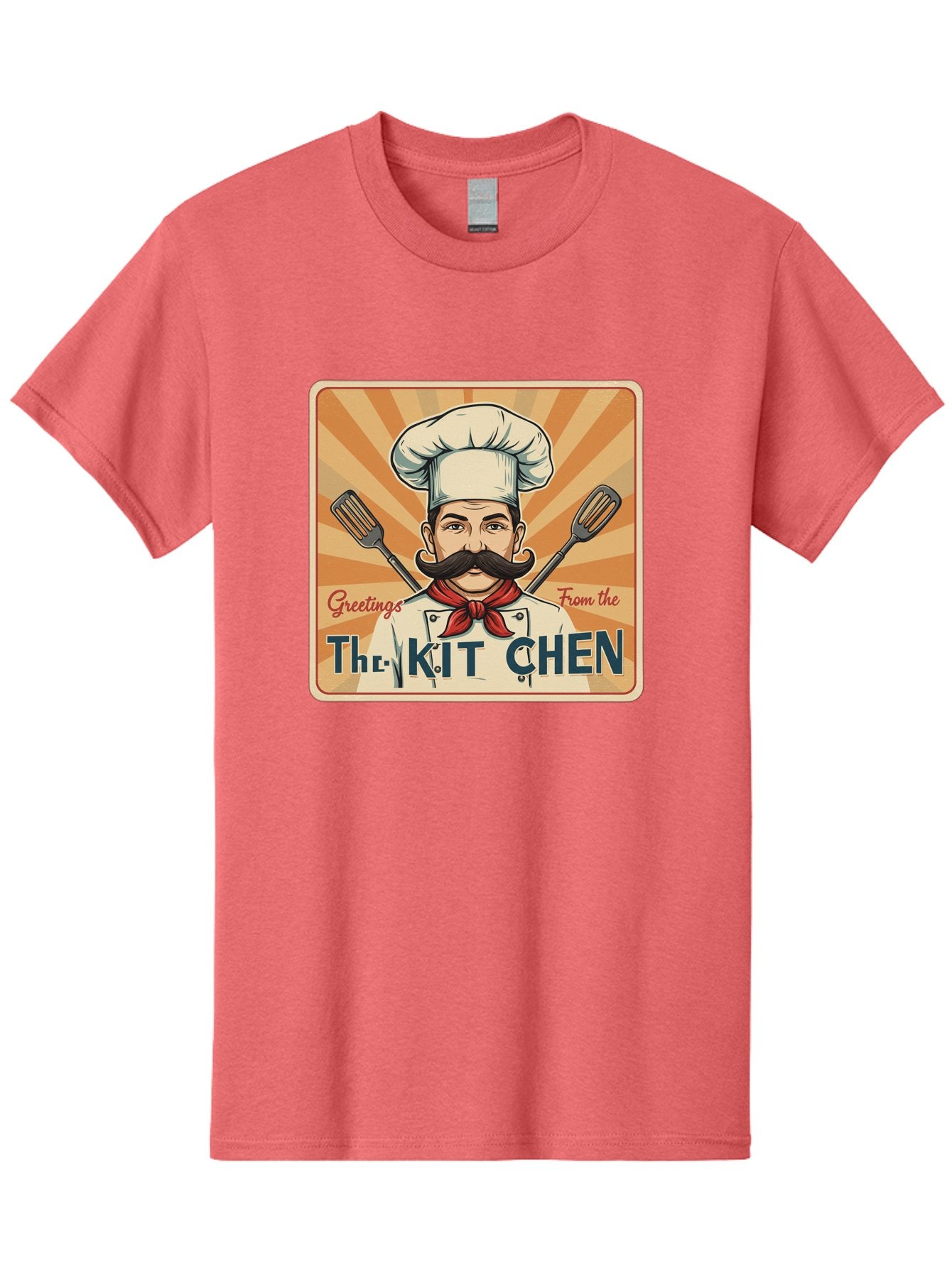 The-Kit-Chen Men'S Graphic Tee, 100% Cotton, Comfortable Casual Summer Wear, Machine Washable, Cartoon Chef, Mustachioed Man, Cooking Utensils, Kitchen Theme, Retro Style, Playful Graphics, Chef'S Hat, Red Neckerchief, Warm Colors, Bad835