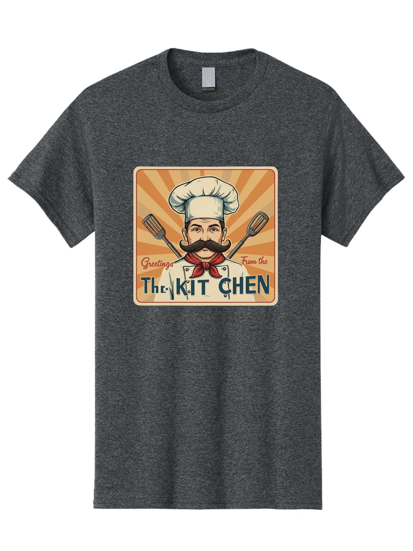 The-Kit-Chen Men'S Graphic Tee, 100% Cotton, Comfortable Casual Summer Wear, Machine Washable, Cartoon Chef, Mustachioed Man, Cooking Utensils, Kitchen Theme, Retro Style, Playful Graphics, Chef'S Hat, Red Neckerchief, Warm Colors, Bad835 12
