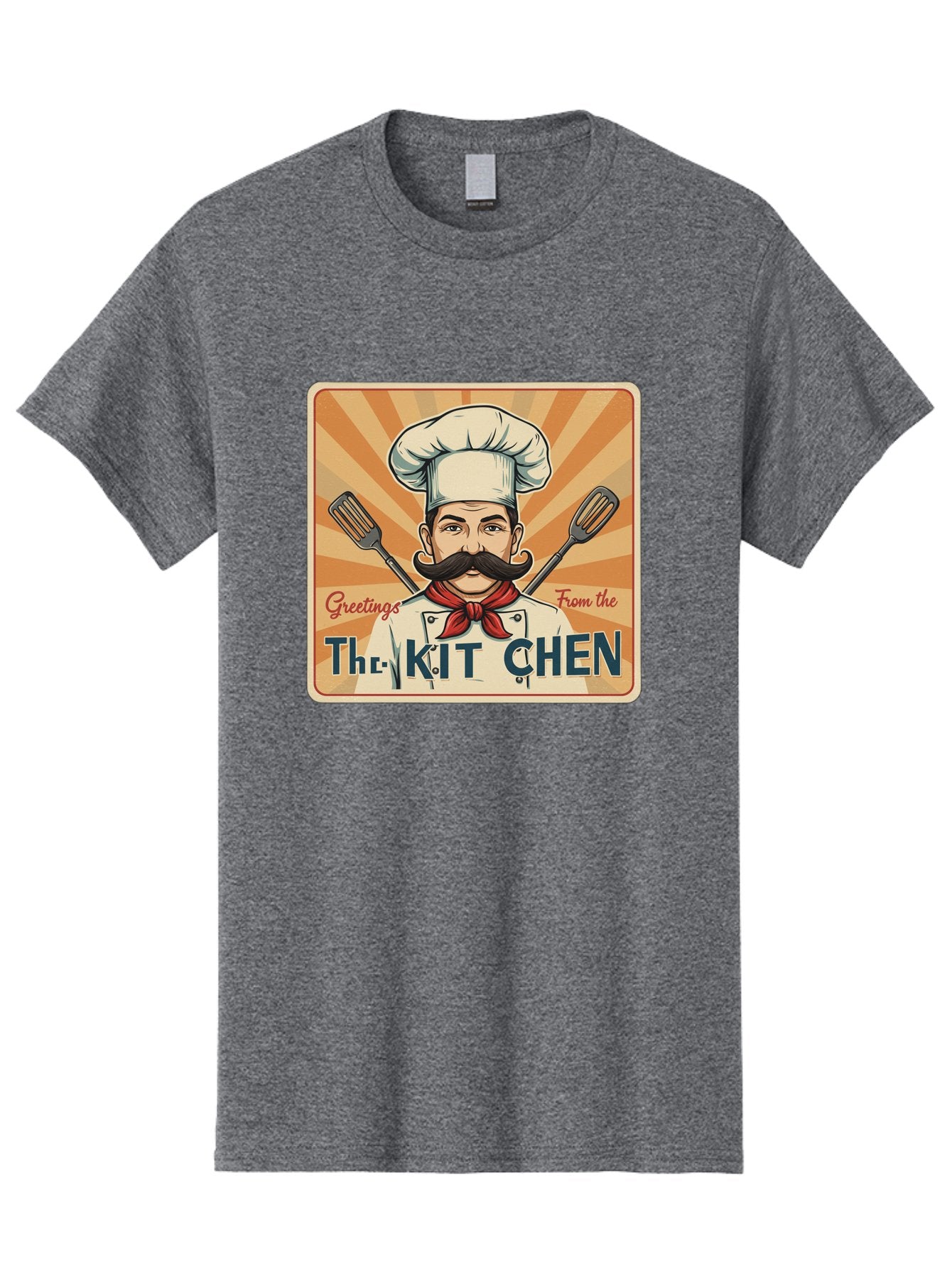 The-Kit-Chen Men'S Graphic Tee, 100% Cotton, Comfortable Casual Summer Wear, Machine Washable, Cartoon Chef, Mustachioed Man, Cooking Utensils, Kitchen Theme, Retro Style, Playful Graphics, Chef'S Hat, Red Neckerchief, Warm Colors, Bad835 10