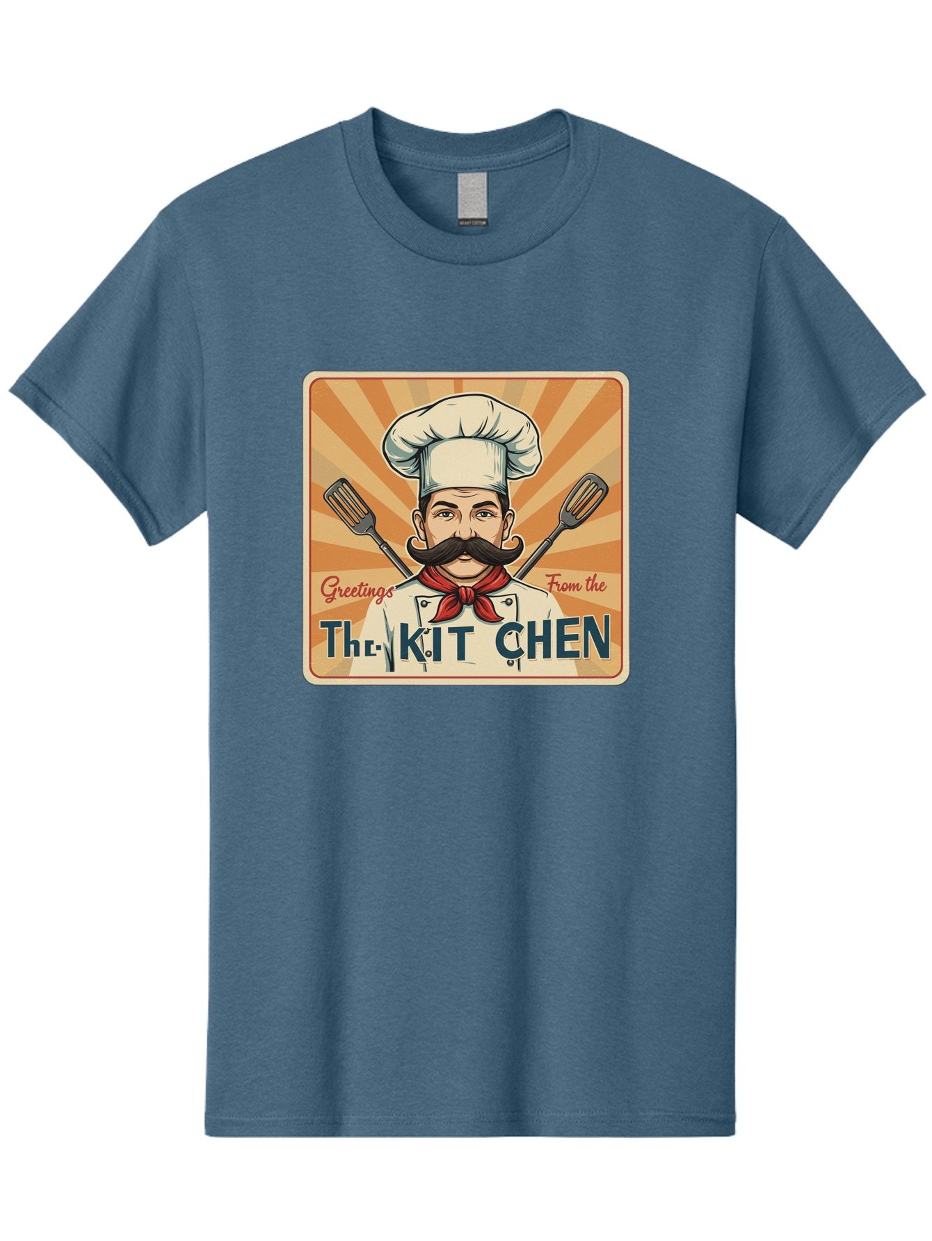 The-Kit-Chen Men'S Graphic Tee, 100% Cotton, Comfortable Casual Summer Wear, Machine Washable, Cartoon Chef, Mustachioed Man, Cooking Utensils, Kitchen Theme, Retro Style, Playful Graphics, Chef'S Hat, Red Neckerchief, Warm Colors, Bad835 11