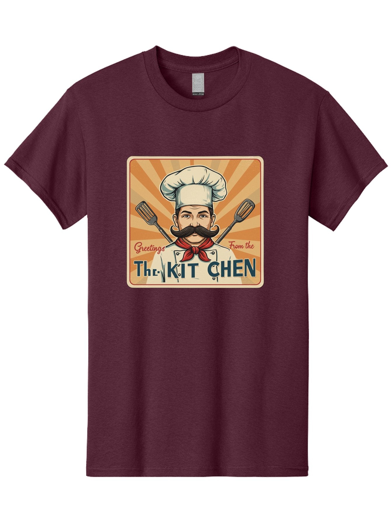 The-Kit-Chen Men'S Graphic Tee, 100% Cotton, Comfortable Casual Summer Wear, Machine Washable, Cartoon Chef, Mustachioed Man, Cooking Utensils, Kitchen Theme, Retro Style, Playful Graphics, Chef'S Hat, Red Neckerchief, Warm Colors, Bad835 6