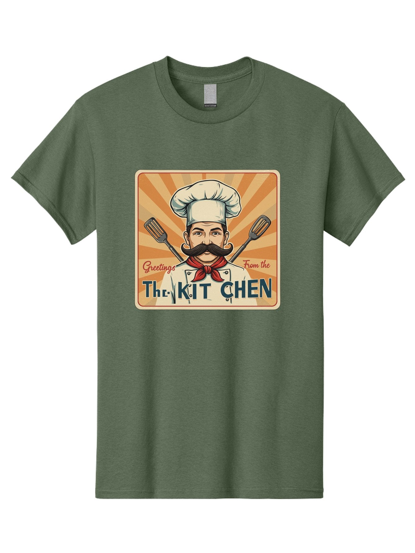 The-Kit-Chen Men'S Graphic Tee, 100% Cotton, Comfortable Casual Summer Wear, Machine Washable, Cartoon Chef, Mustachioed Man, Cooking Utensils, Kitchen Theme, Retro Style, Playful Graphics, Chef'S Hat, Red Neckerchief, Warm Colors, Bad835 15