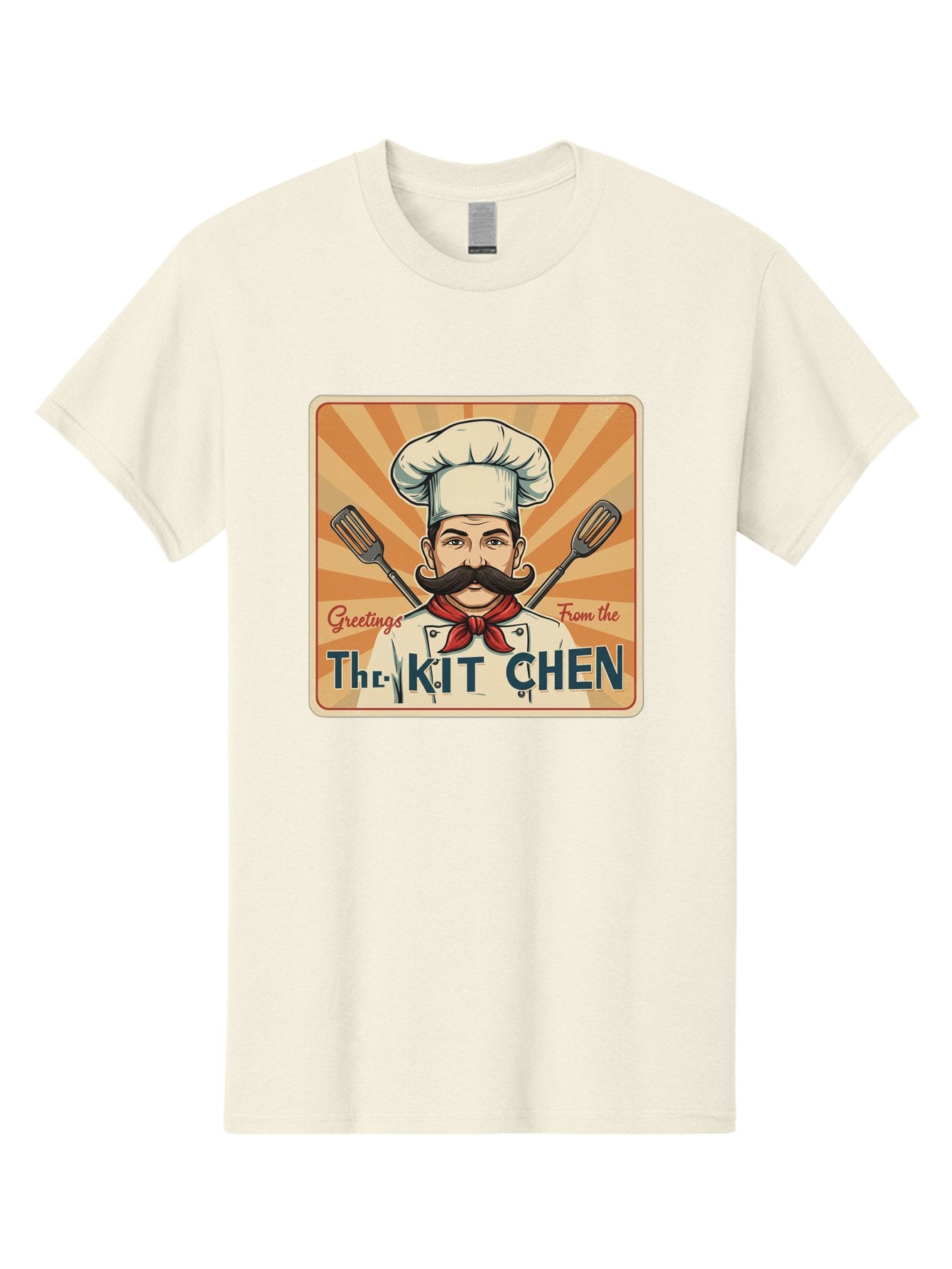 The-Kit-Chen Men'S Graphic Tee, 100% Cotton, Comfortable Casual Summer Wear, Machine Washable, Cartoon Chef, Mustachioed Man, Cooking Utensils, Kitchen Theme, Retro Style, Playful Graphics, Chef'S Hat, Red Neckerchief, Warm Colors, Bad835 14