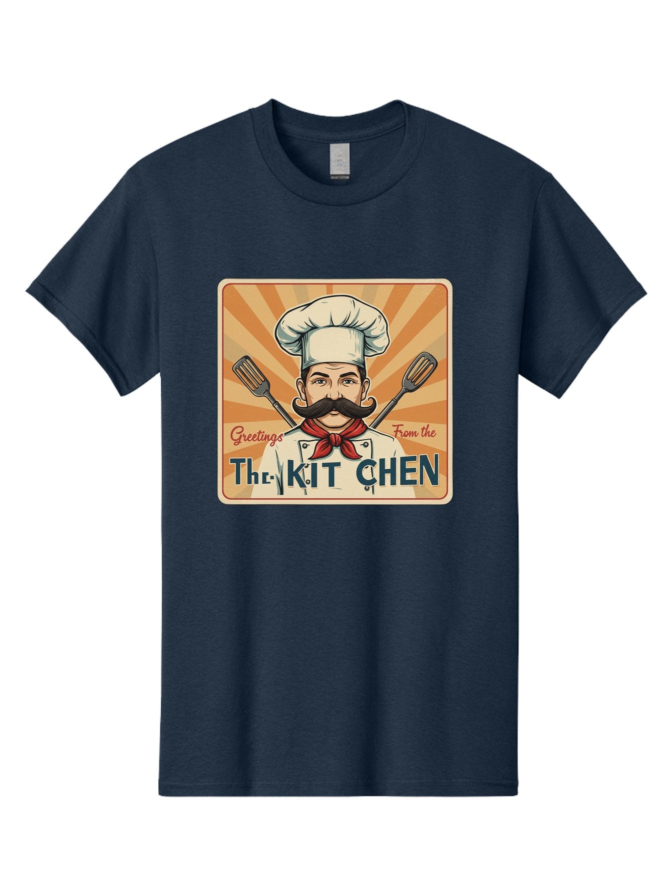 The-Kit-Chen Men'S Graphic Tee, 100% Cotton, Comfortable Casual Summer Wear, Machine Washable, Cartoon Chef, Mustachioed Man, Cooking Utensils, Kitchen Theme, Retro Style, Playful Graphics, Chef'S Hat, Red Neckerchief, Warm Colors, Bad835 8