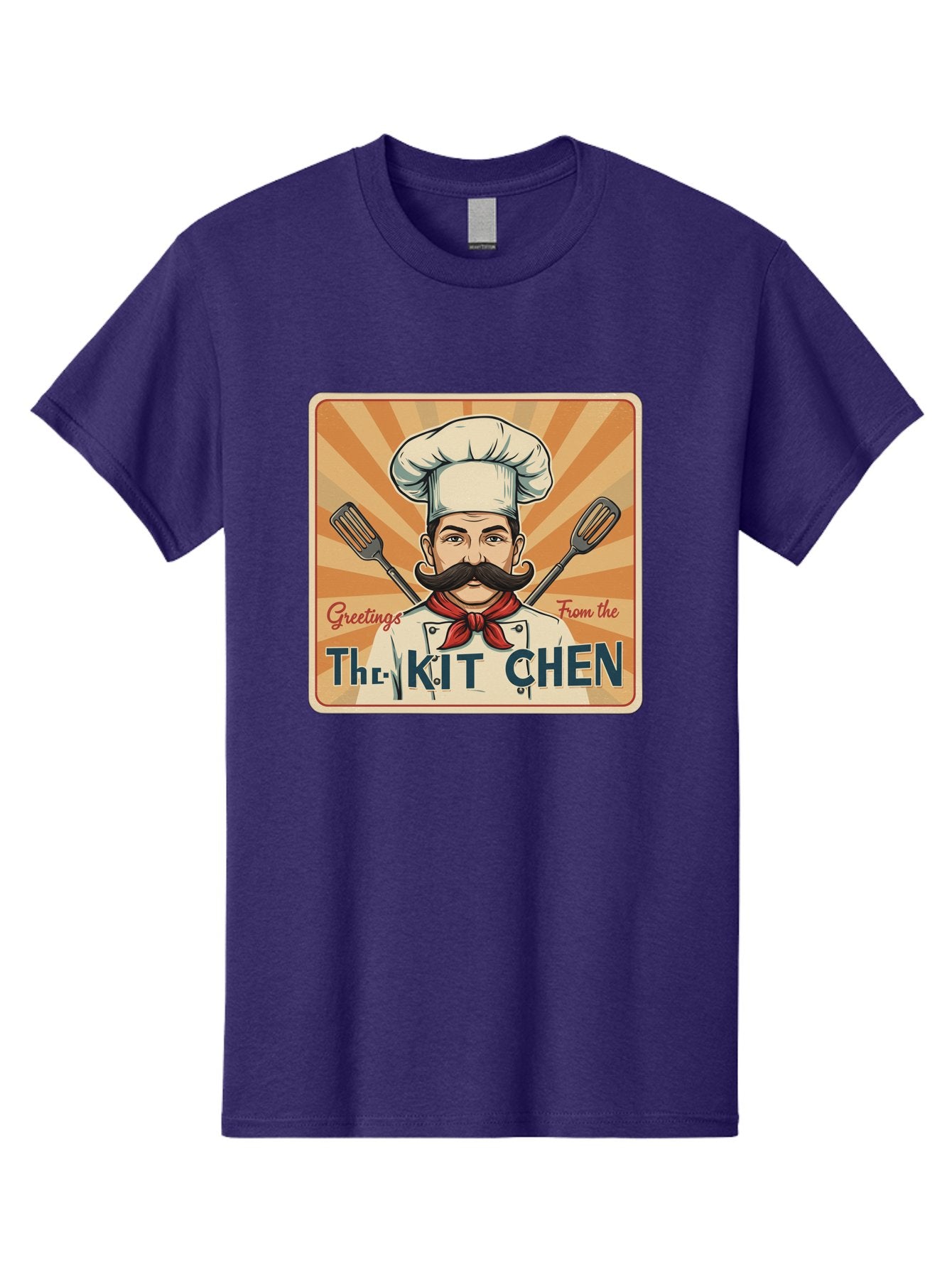 The-Kit-Chen Men'S Graphic Tee, 100% Cotton, Comfortable Casual Summer Wear, Machine Washable, Cartoon Chef, Mustachioed Man, Cooking Utensils, Kitchen Theme, Retro Style, Playful Graphics, Chef'S Hat, Red Neckerchief, Warm Colors, Bad835 3