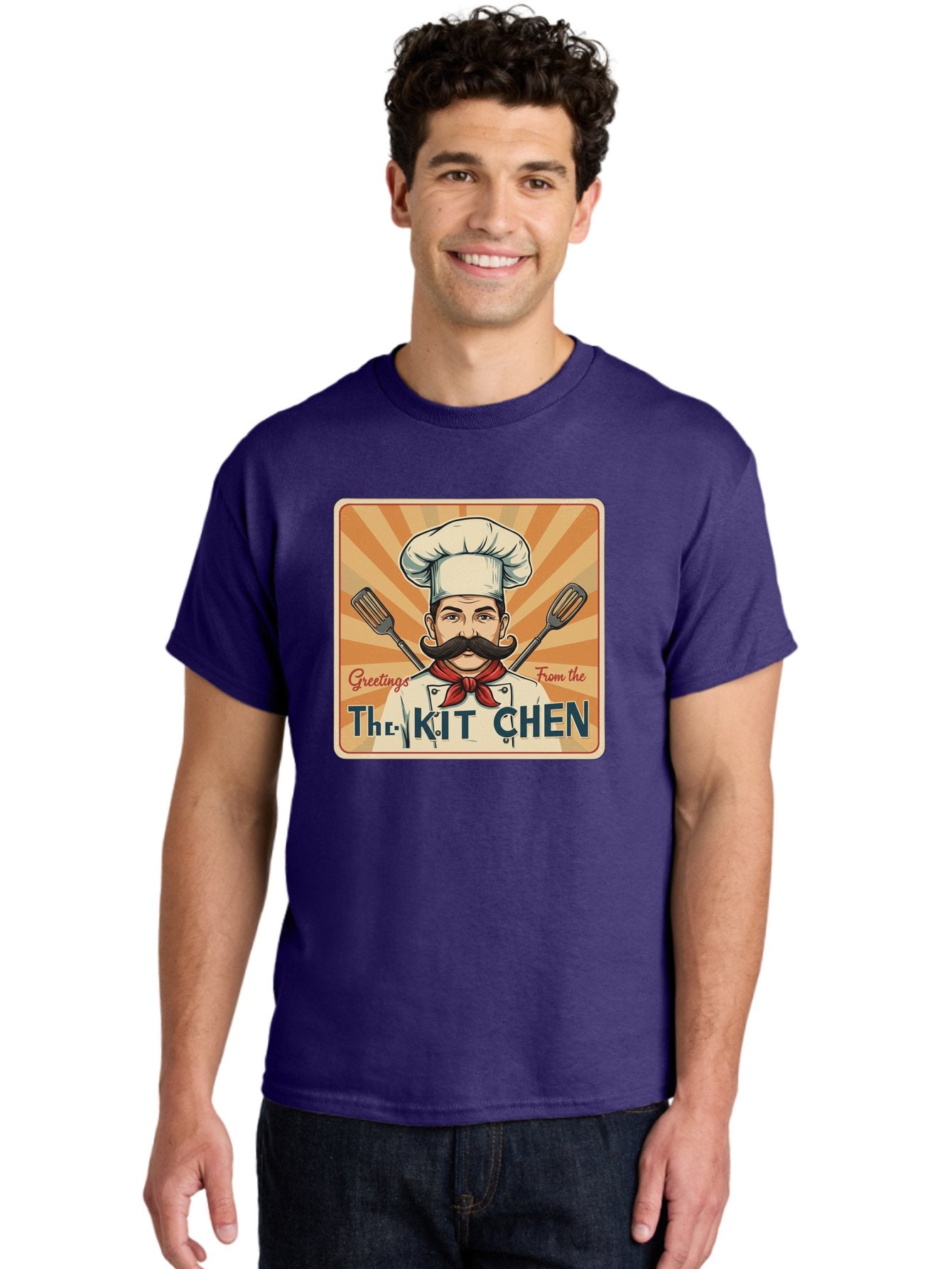 The-Kit-Chen Men'S Graphic Tee, 100% Cotton, Comfortable Casual Summer Wear, Machine Washable, Cartoon Chef, Mustachioed Man, Cooking Utensils, Kitchen Theme, Retro Style, Playful Graphics, Chef'S Hat, Red Neckerchief, Warm Colors, Bad835 22