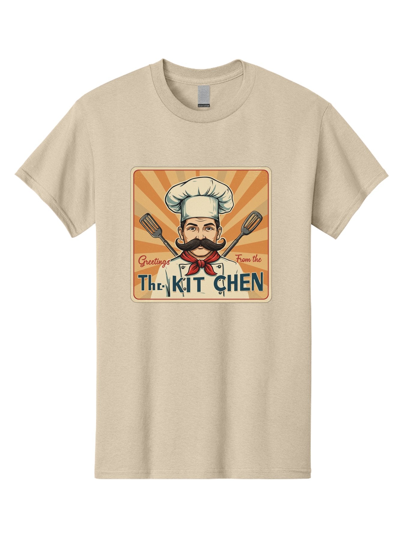 The-Kit-Chen Men'S Graphic Tee, 100% Cotton, Comfortable Casual Summer Wear, Machine Washable, Cartoon Chef, Mustachioed Man, Cooking Utensils, Kitchen Theme, Retro Style, Playful Graphics, Chef'S Hat, Red Neckerchief, Warm Colors, Bad835 5