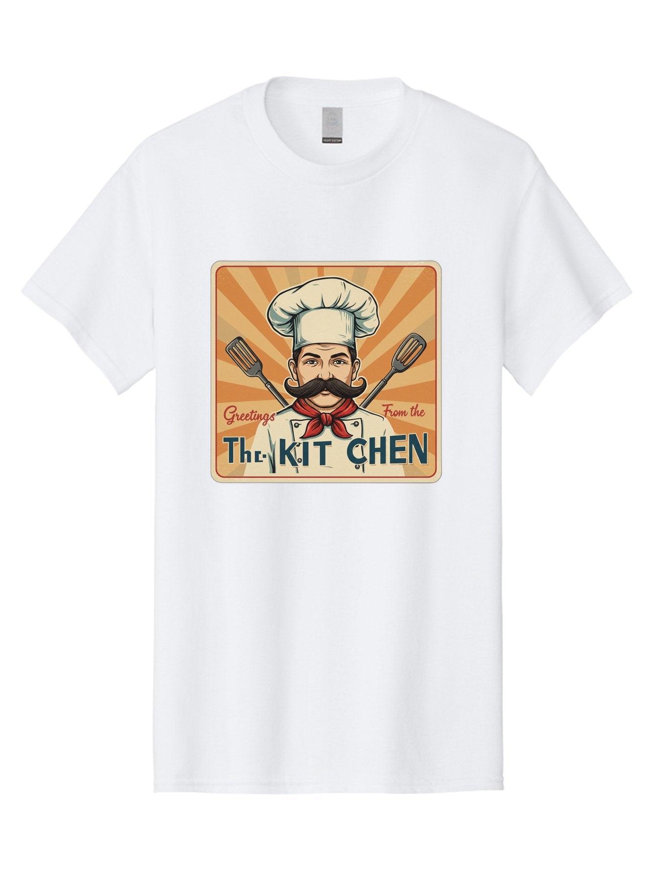 The-Kit-Chen Men'S Graphic Tee, 100% Cotton, Comfortable Casual Summer Wear, Machine Washable, Cartoon Chef, Mustachioed Man, Cooking Utensils, Kitchen Theme, Retro Style, Playful Graphics, Chef'S Hat, Red Neckerchief, Warm Colors, Bad835 9