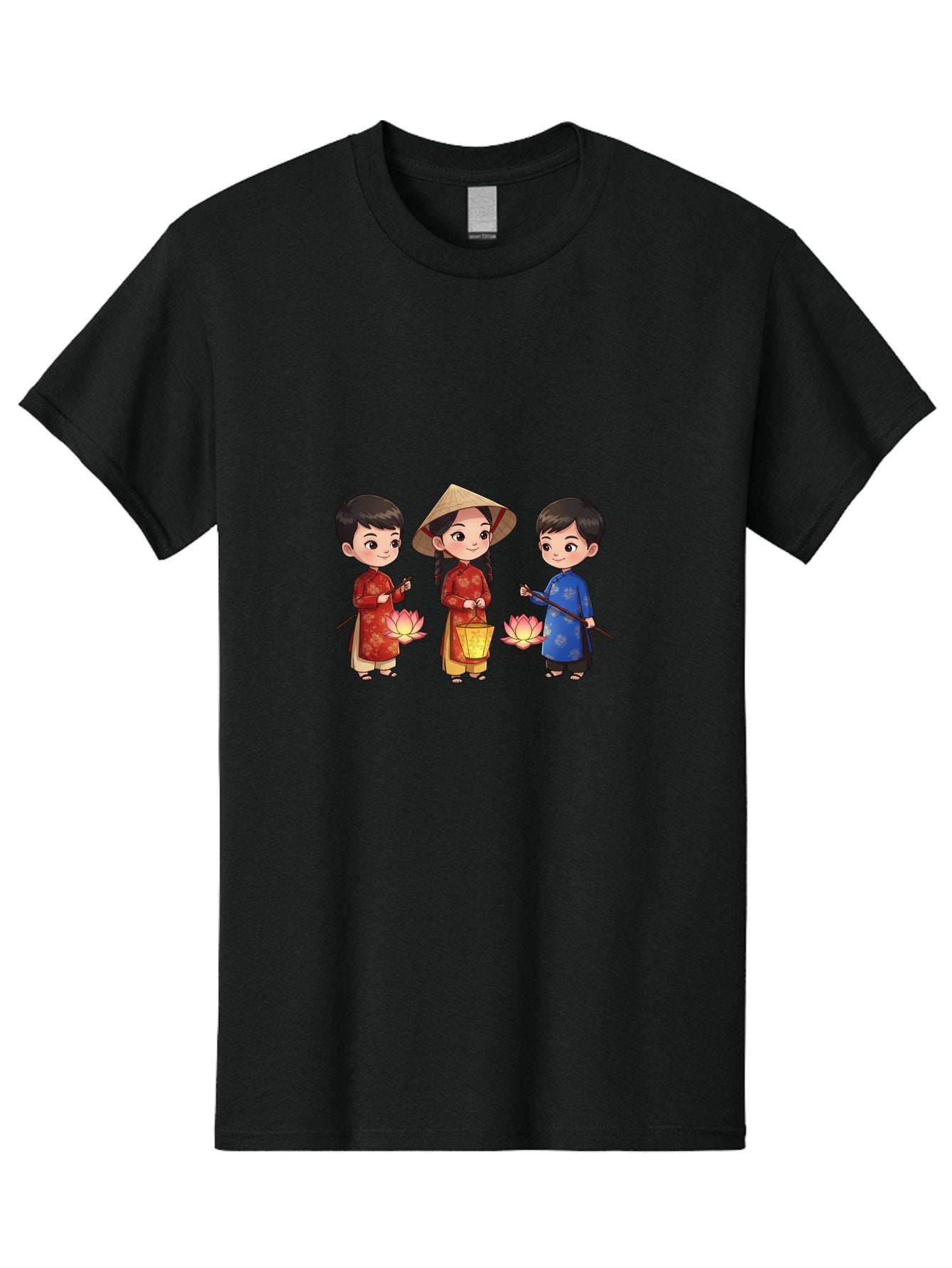 Three-Children-In-Traditional-Clothing Men'S Graphic Tee, 100% Cotton, Comfortable Casual Summer Wear, Machine Washable, Children In Traditional Vietnamese Clothing, Lotus Flowers, Conical Hat, Cultural Heritage, Traditional Attire, Bad836