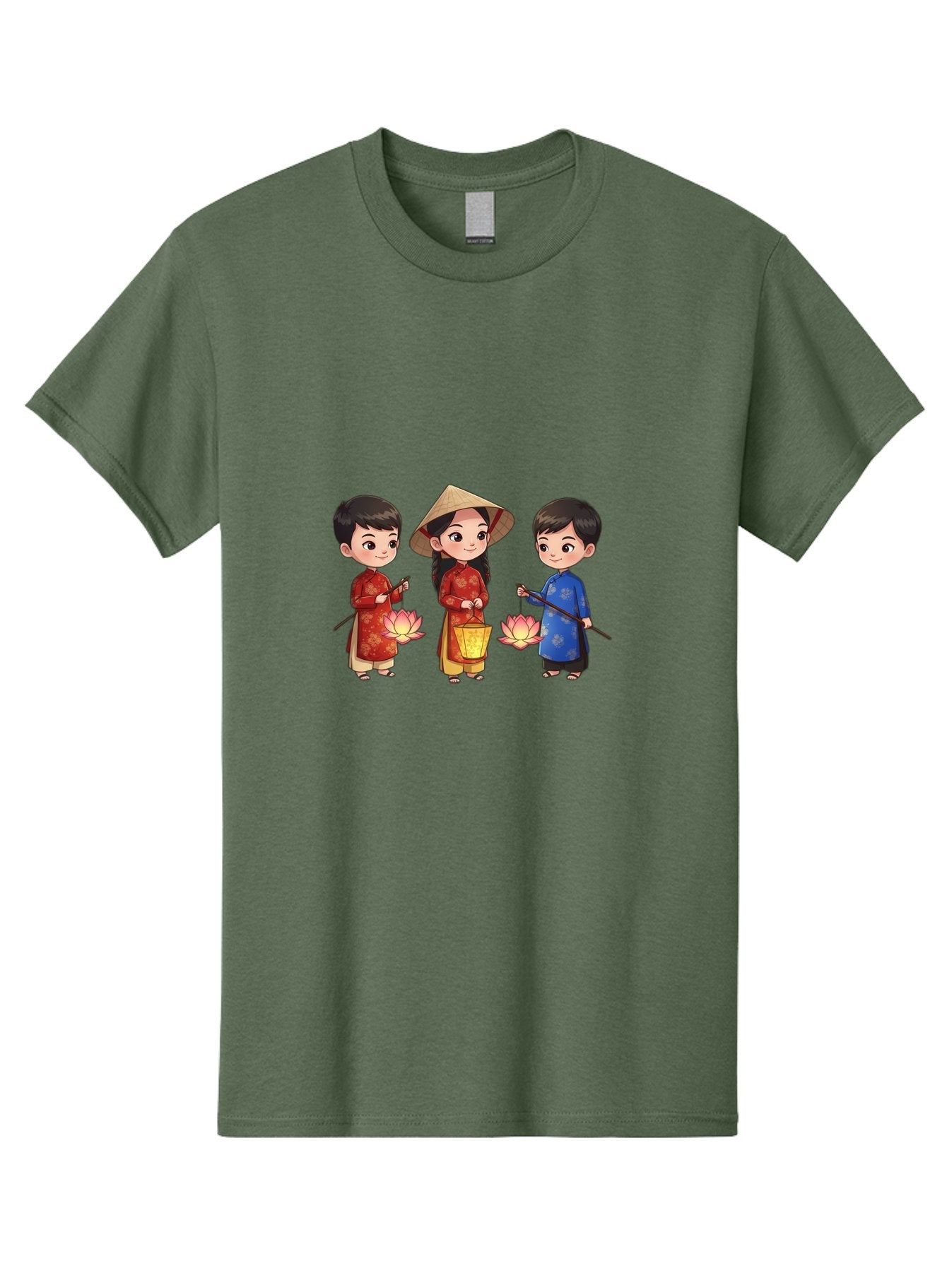 Three-Children-In-Traditional-Clothing Men'S Graphic Tee, 100% Cotton, Comfortable Casual Summer Wear, Machine Washable, Children In Traditional Vietnamese Clothing, Lotus Flowers, Conical Hat, Cultural Heritage, Traditional Attire, Bad836