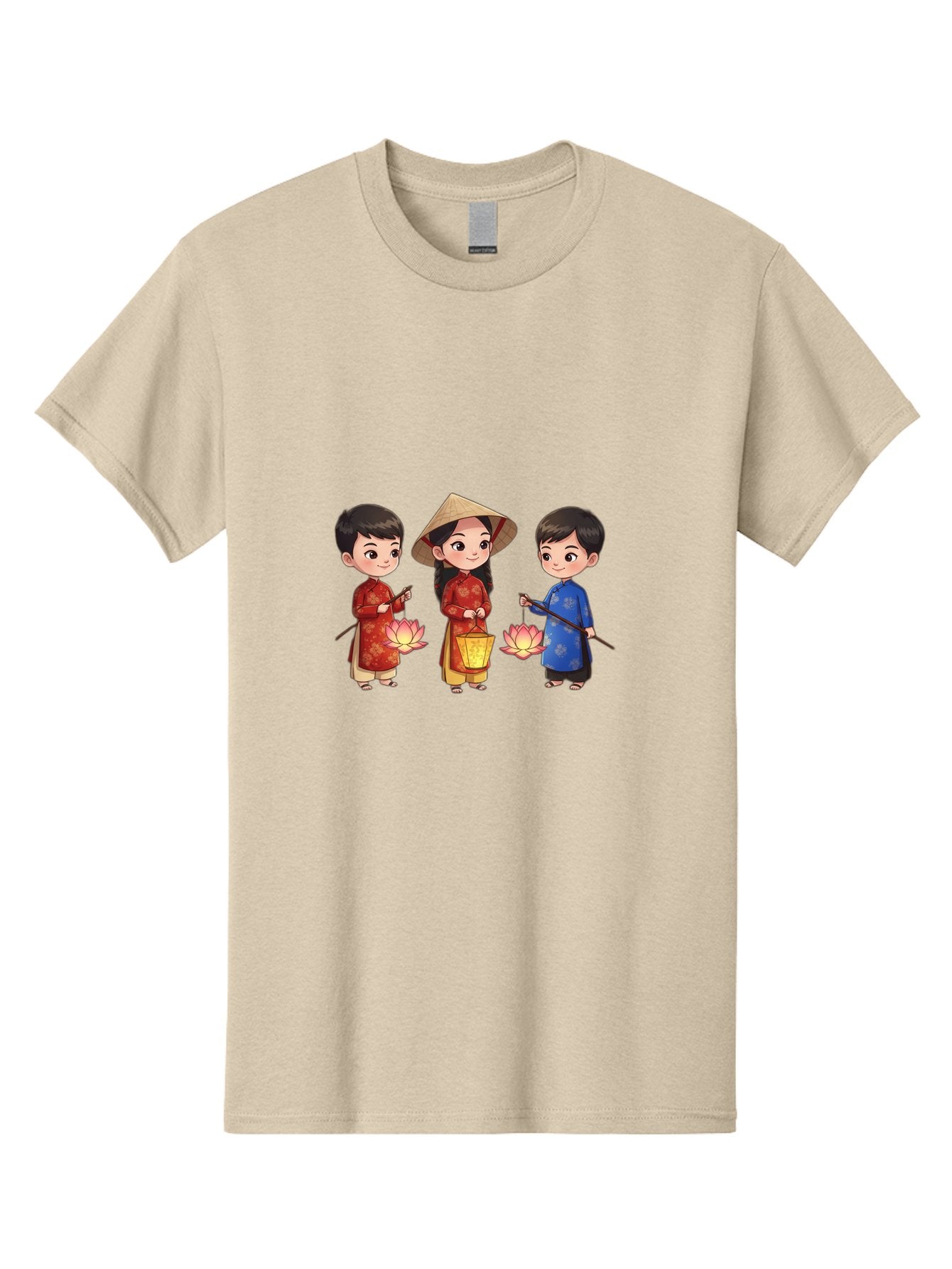 Three-Children-In-Traditional-Clothing Men'S Graphic Tee, 100% Cotton, Comfortable Casual Summer Wear, Machine Washable, Children In Traditional Vietnamese Clothing, Lotus Flowers, Conical Hat, Cultural Heritage, Traditional Attire, Bad836 15